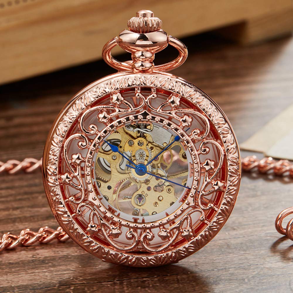 Retro Hollow mechanische Taschenuhr mit Kette Gold Sterne Skelett Steampunk Vintage Herren Frauen Handwickeltasche Uhr