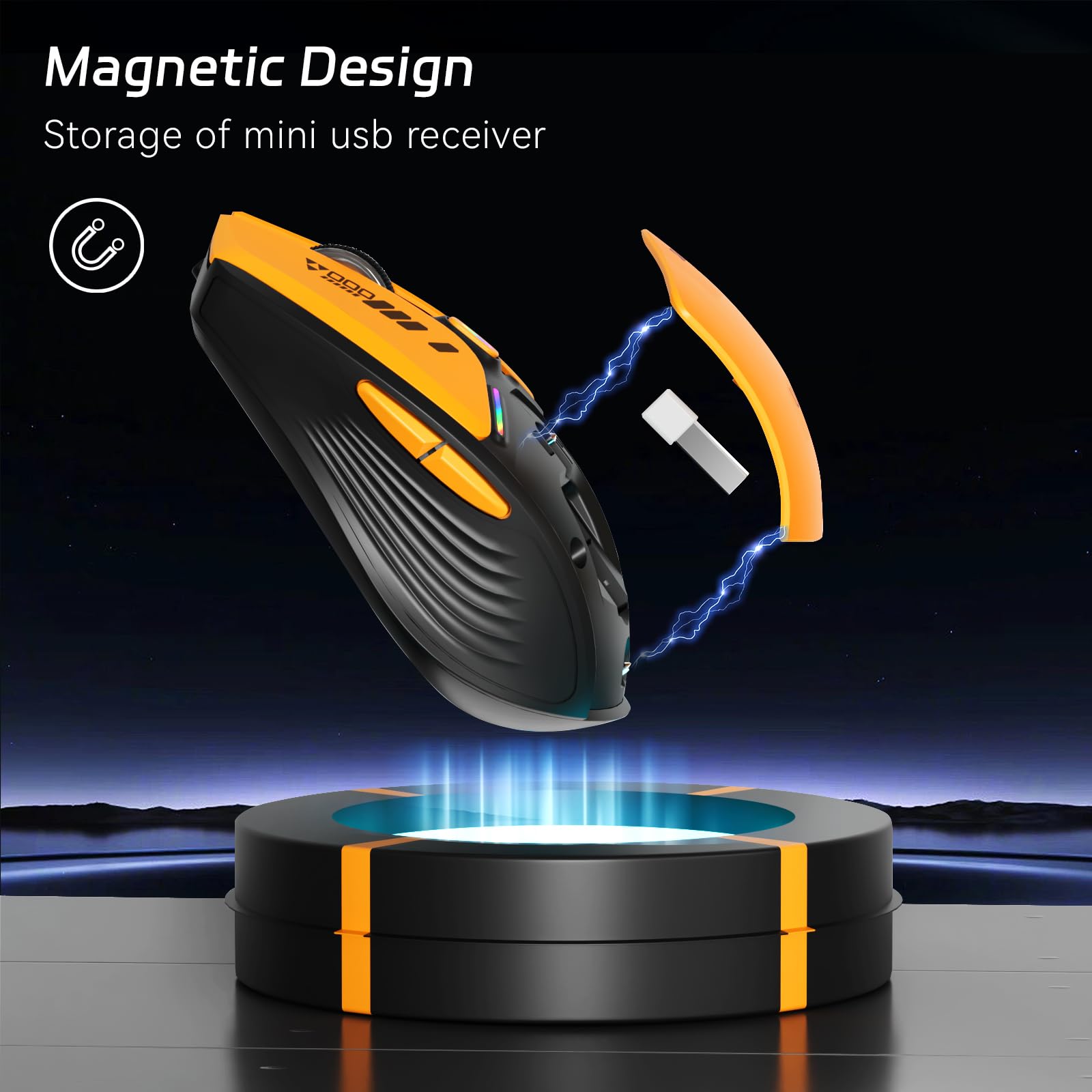 V19 Mouse inalámbrico, 2.4 GHz recargable LED con indicador de batería, ratones magnéticos para computadora con receptor USB y adaptador tipo C para portátil/PC/Mac/Chromebook, naranja 3