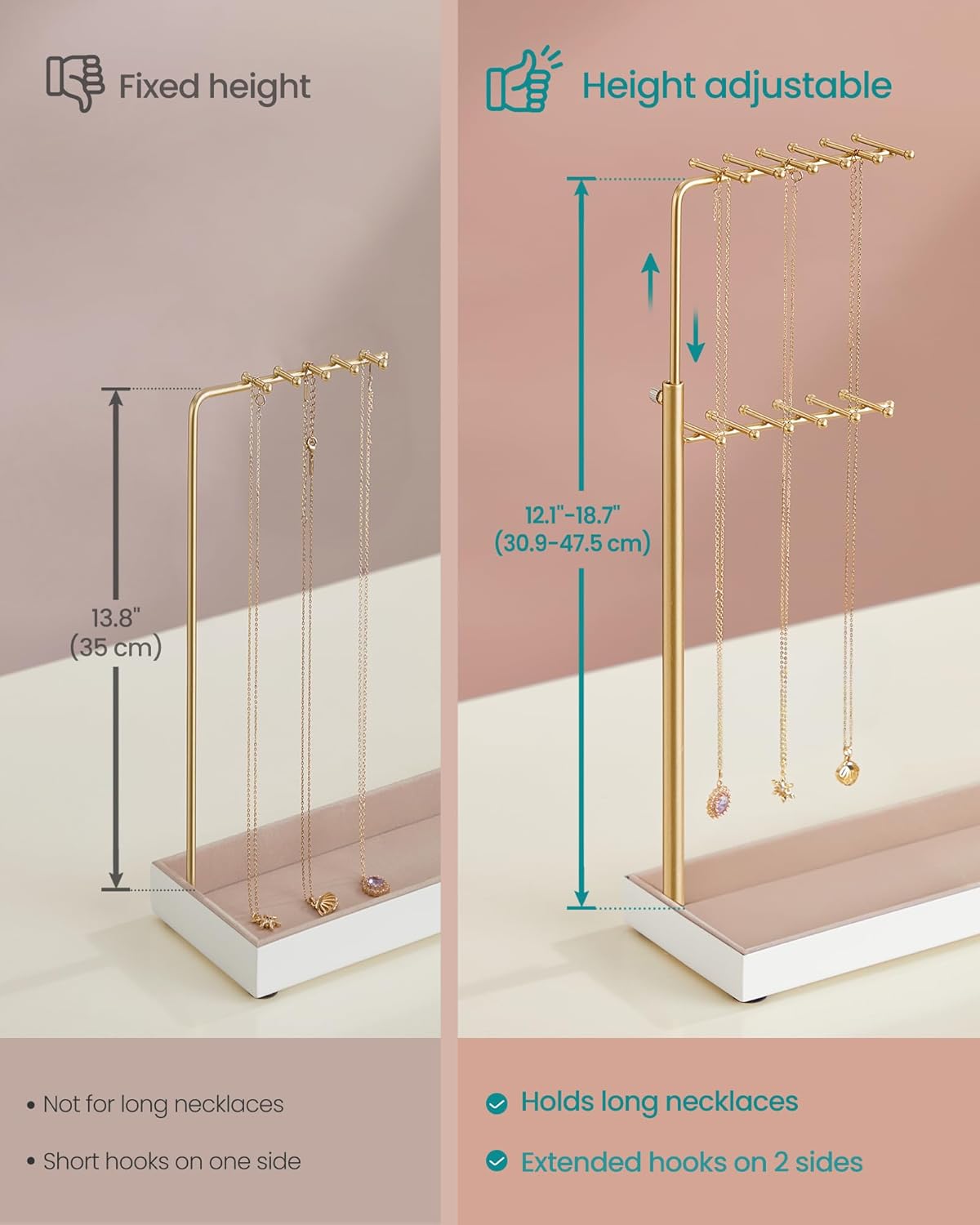 SONGMICS Jewelry Holder, Jewelry Storage Organizer Stand with Metal Frame, Velvet Tray, 12.1 to 18.7 Inches Tall Height Adjustable Necklace Holder, for Rings, Earrings, Pale Gold UJJS026A01 - Image 4