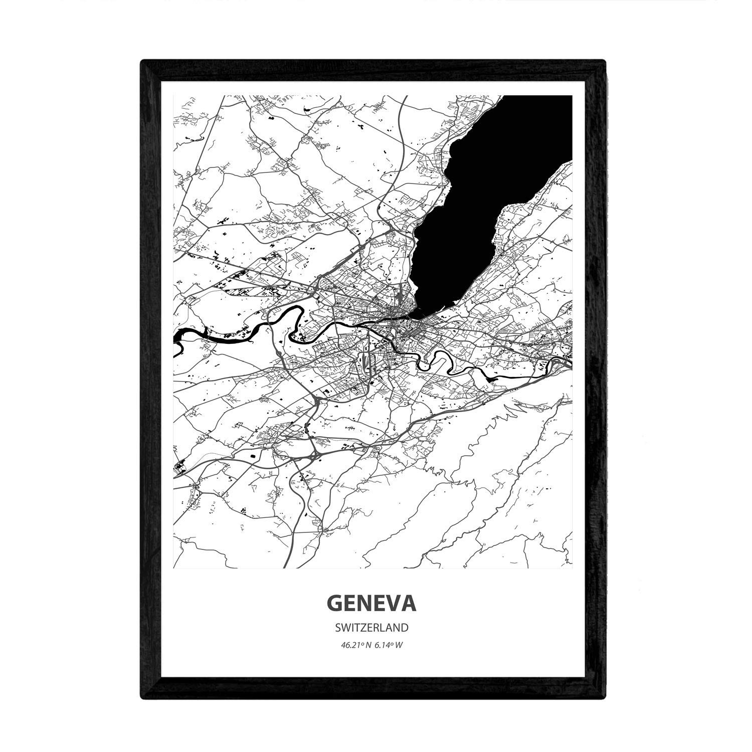 Nacnic Poster with map of Geneva - Switzerland. Sheets cities in Europe with seas and rivers in black color. A4 size