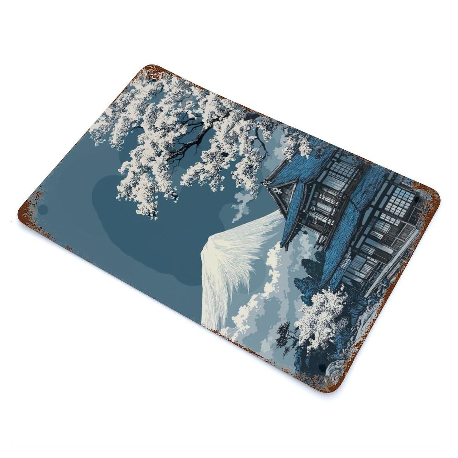 Distressed Metal Wall Sign with Mount Fuji And Traditional Japanese House Design 11.8"x7.9", for Office, Studio And Wall Decor, Industrial Home Decor
