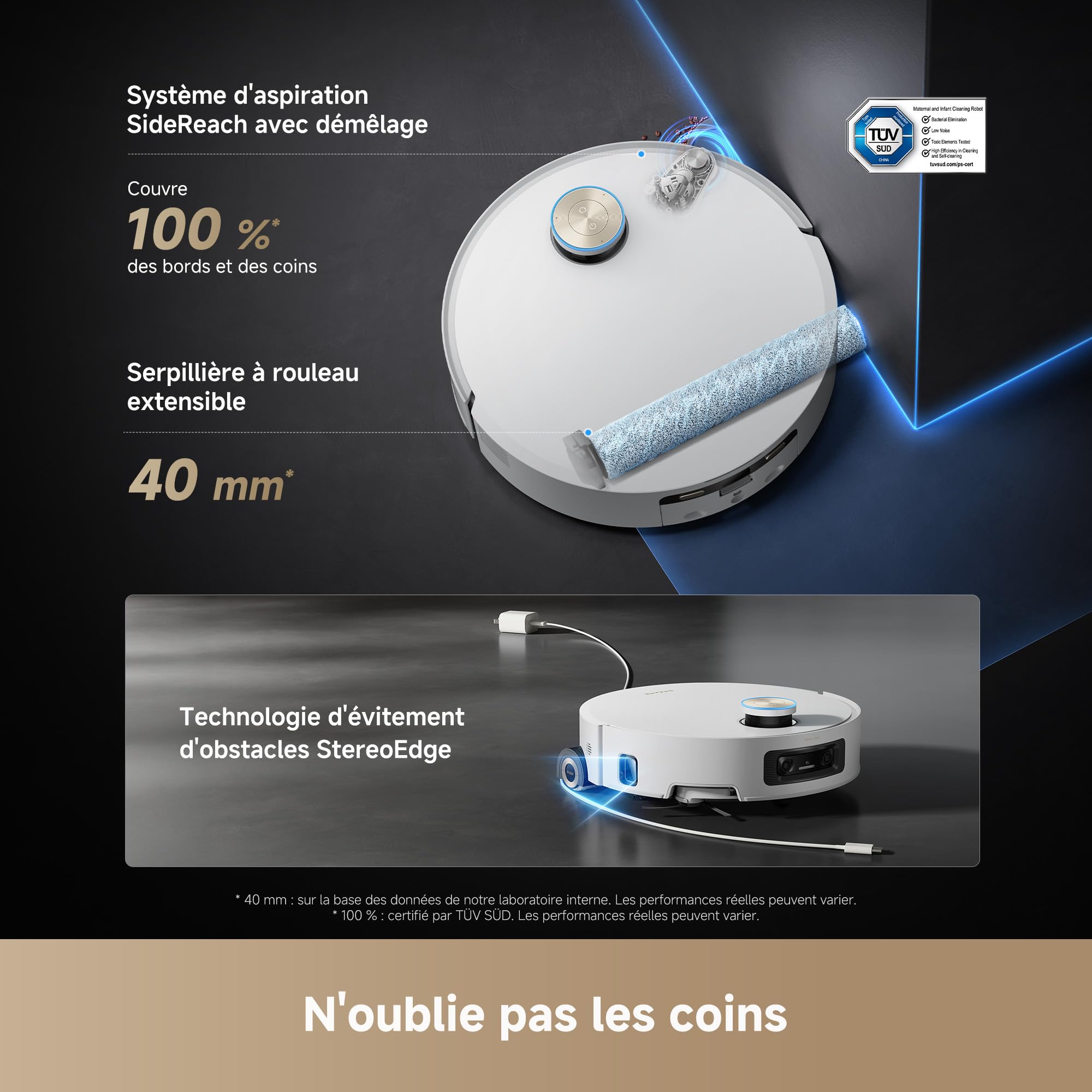 dreame Aqua10 Ultra Roller Complete Robot Aspirateur, Nettoyage Automatique du Rouleau, Aspiration de 30 000 Pa, Évitement d'obstacles de 8 cm, Vidage Automatique, Commande Vocale Intelligente, Blanc