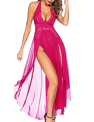 Avidlove Women Lingerie Deep V Neck Nightwear One Piece Sexy Nightgowns Lace Mesh Dress - X-Large - Hot Pink