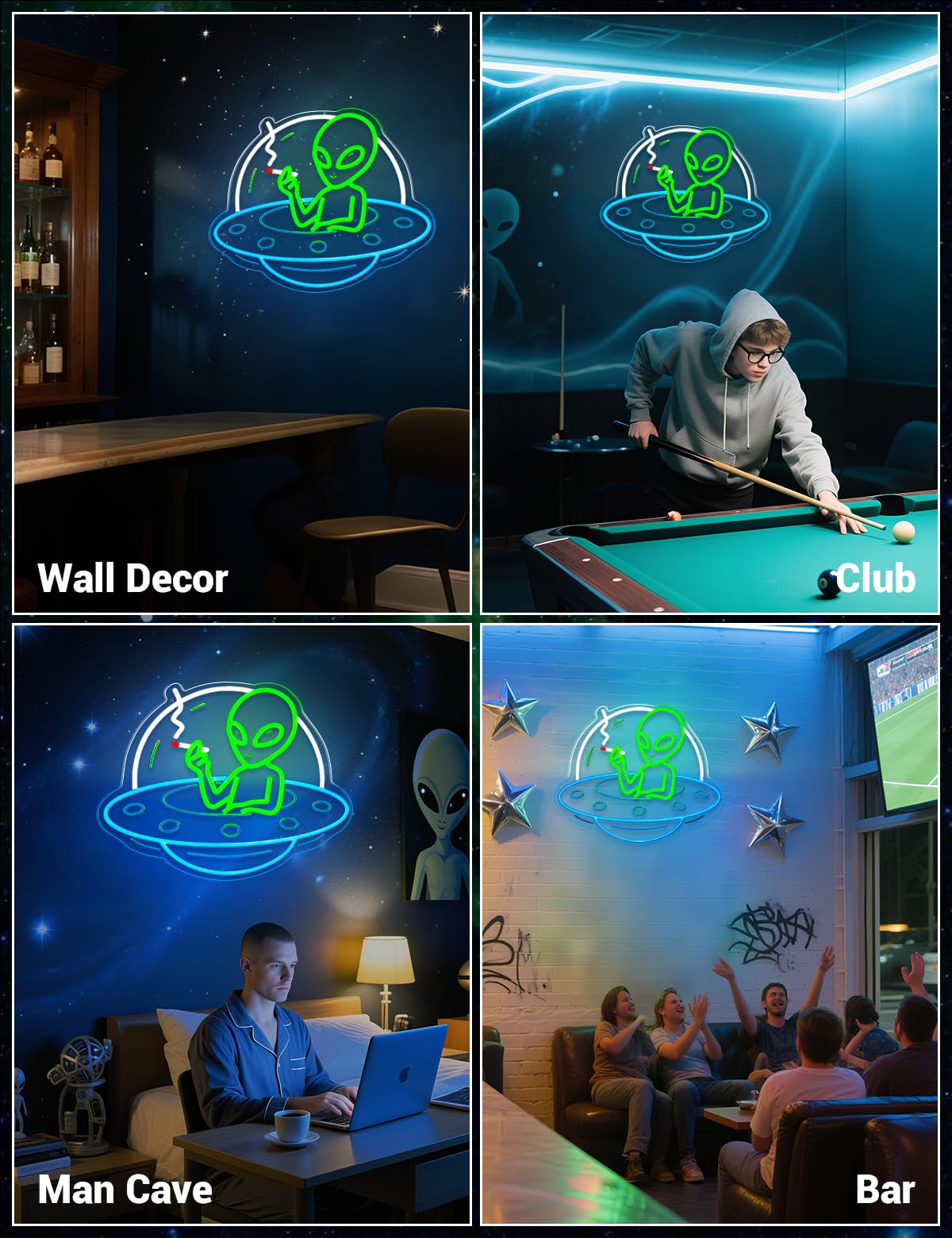 Letrero de neón alienígena, luz LED verde para decoración de pared, dormitorio, cueva de hombre, bar, pub, restaurante, decoración de Navidad y fiesta de cumpleaños, luz de neón alimentada por