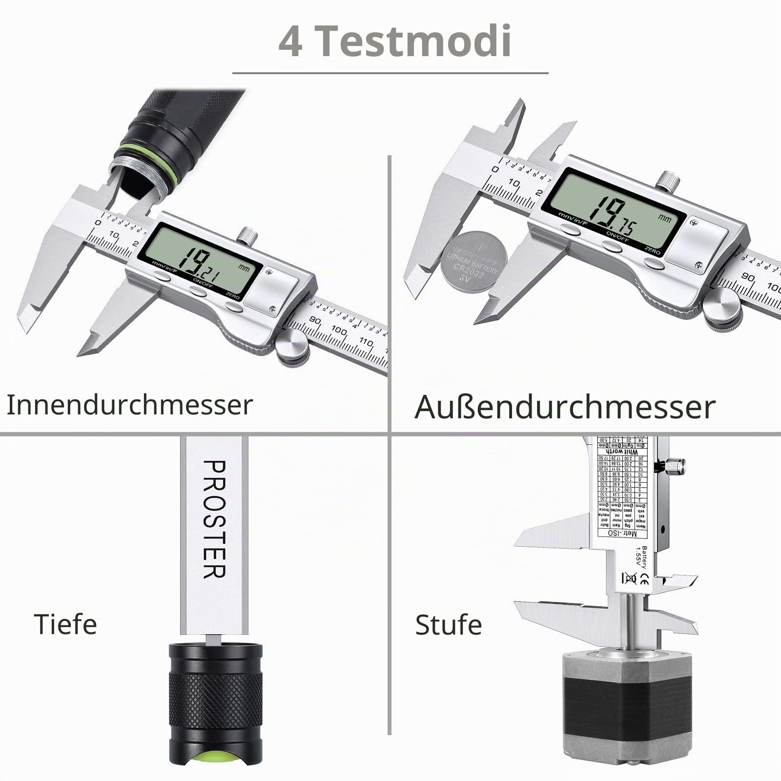 Proster Digitaler Messschieber 8 Zoll/200mm + 32 Fühlerlehre Schieblehre Edelstahl Elektronischer Meßschieber Zoll/Fraktionen/Metrisch Messschieber für Länge Breite Tiefe Innen-/ Außendurchmesser