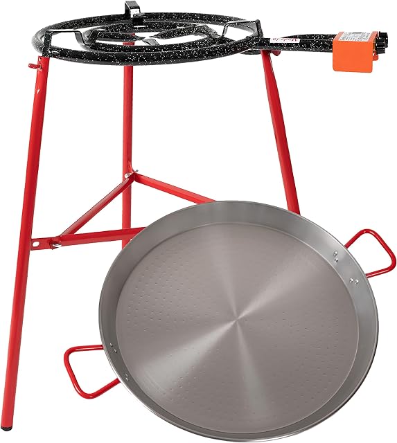 Machika Mirador Set Paella Kit with 24-inch Carbon Steel Pan| 12 in 20 in Double Ring Paella Burner and Stand Set (33.5 in)| Grill Set Perfect for Gastronomic Events, Caterings, Camping| 19 Servings |