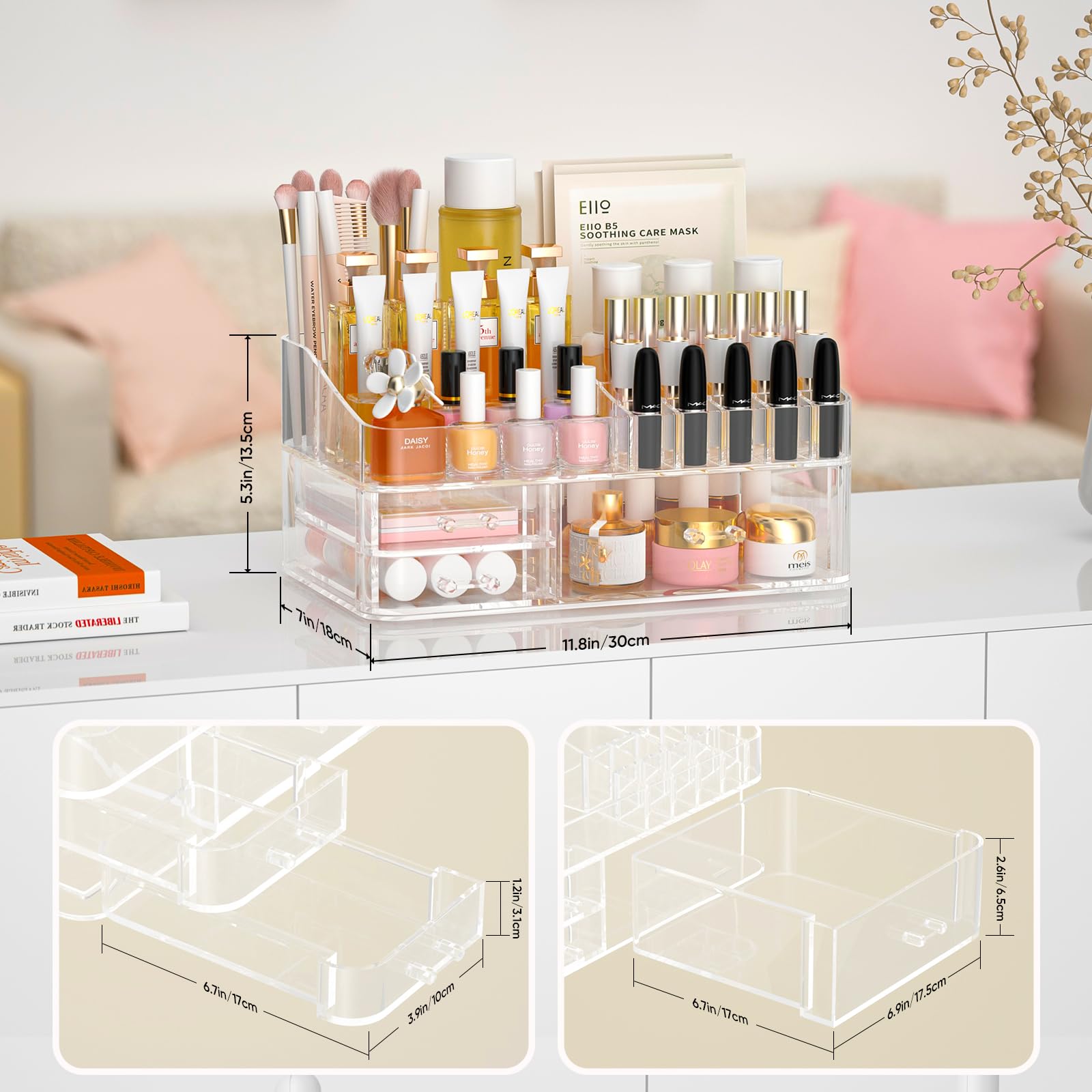 HEMTROY Clear Makeup Organizer for Vanity, Large Acrylic Bathroom Organizer Countertop with 3 Storage Drawers, Skin Care Organizer Storage Cosmetic,Nail Polish, Jewelry, Great for Stationery