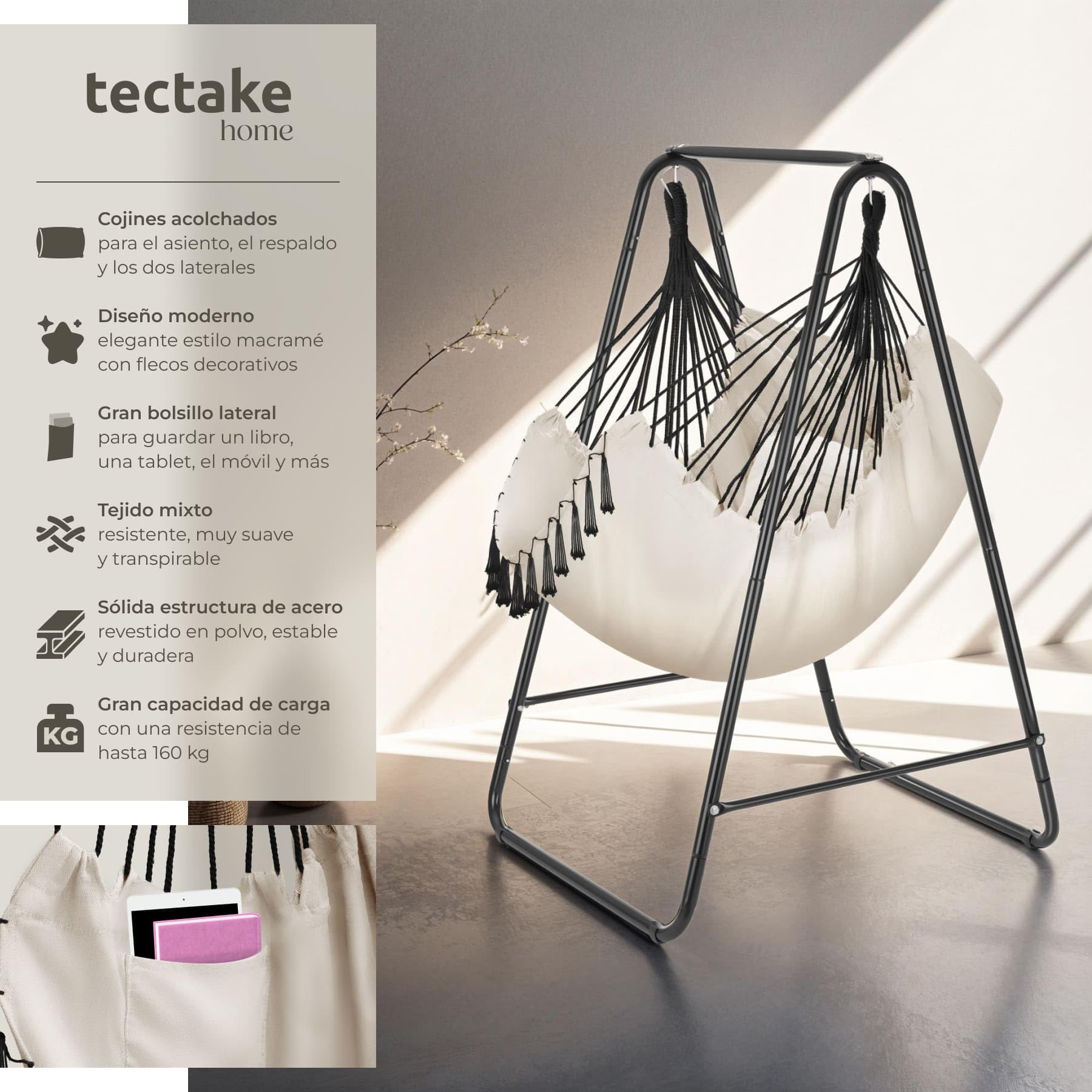 Silla Colgante Boho, Estructura De Acero, Borlas Decorativas, Cojines Gruesos, Bolsillo Lateral, Interior Y Exterior, Hamaca Sillón Colgante para Jardín, Terraza, Salón, Dormitorio