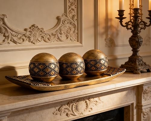 Miniatura 3 de Juego de 3 orbes decorativos de resina dorada con bandeja para decoración de mesa de centro de mesa Oro