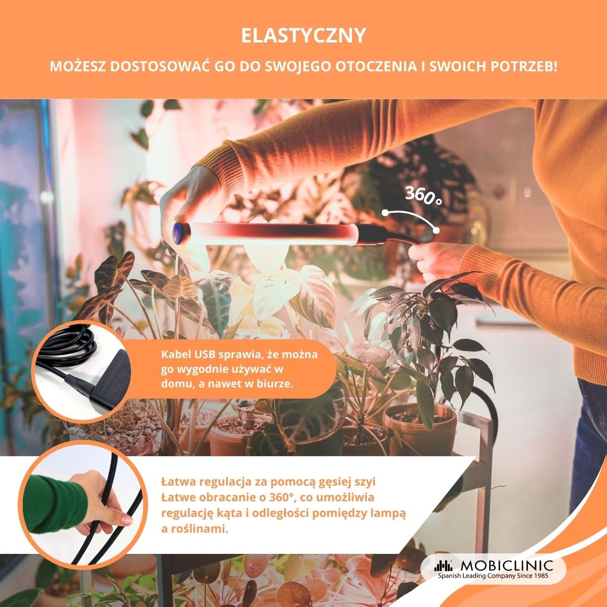 Mobiclinic®, Lampa roślinna led, Growflex x2, 3 tryby, 6000k, 10 poziomów jasności, 2 głowice, Pełne spektrum, Wyłącznik czasowy, Obrót 360°, 40w, Elastyczny, Rośliny domowe, Usb