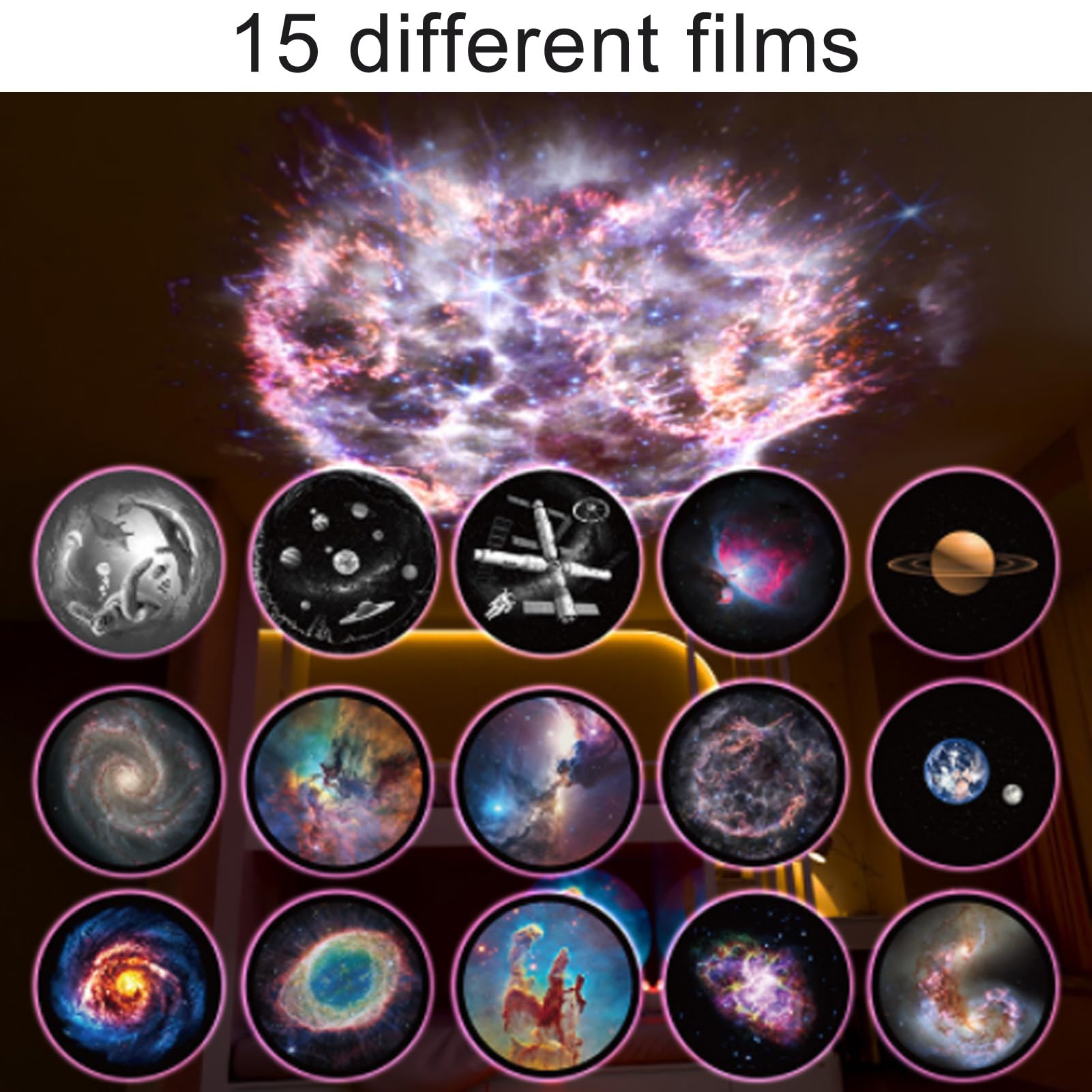 Projecteur, Projecteur D'étoiles, Lumière Galaxie pour Chambre à Coucher avec 15 Films, Haut-parleur, Chargement USB pour Enfants et Adultes