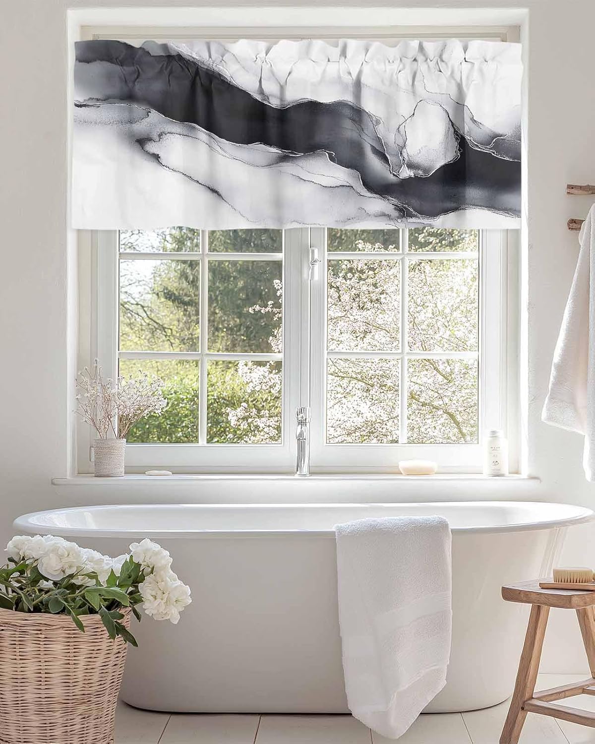 Abstract Art Valance Curtain for Kitchen Black White Gradient Marble Texture Modern Rod Pocket Tier Curtains Retro Window Treatments for Kitchen Bathroom Bedroom,60x18In