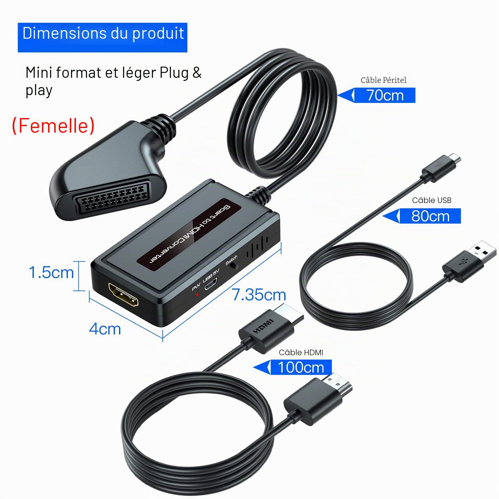 Convertisseur péritel femelle vers HDMI, prise en charge 4:3/16:9/16:10/Aspect Ratio, commutateur de résolution HDMI 720p/1080p