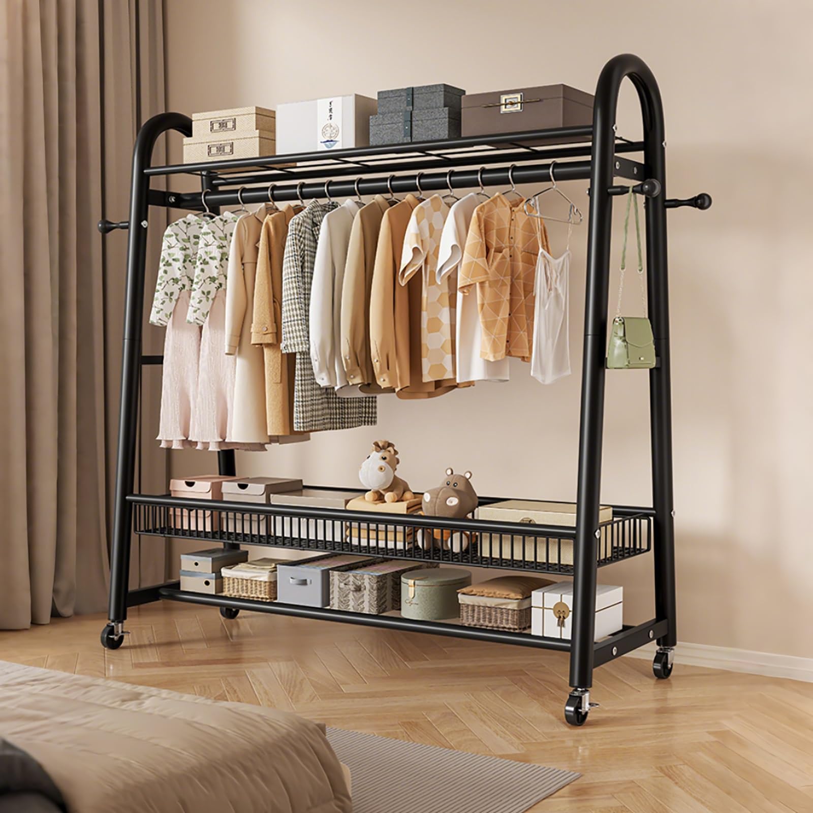 Penderie mobile de 80 cm pour chambre à coucher avec étagères et crochets de rangement noirs