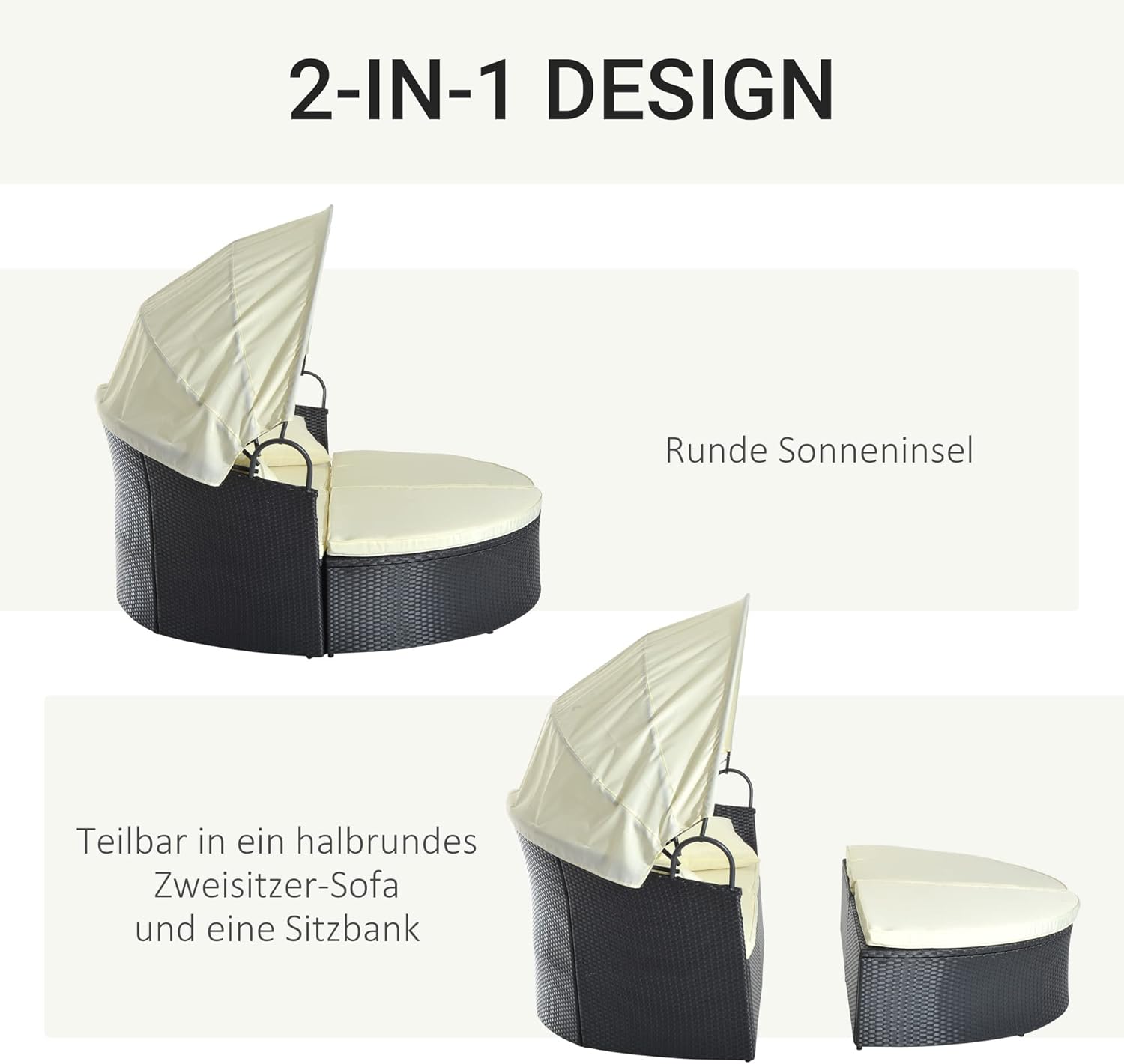 Outsunny Polyrattan Sun Island showing the sun canopy in both extended and retracted positions, highlighting the extendable roof feature.