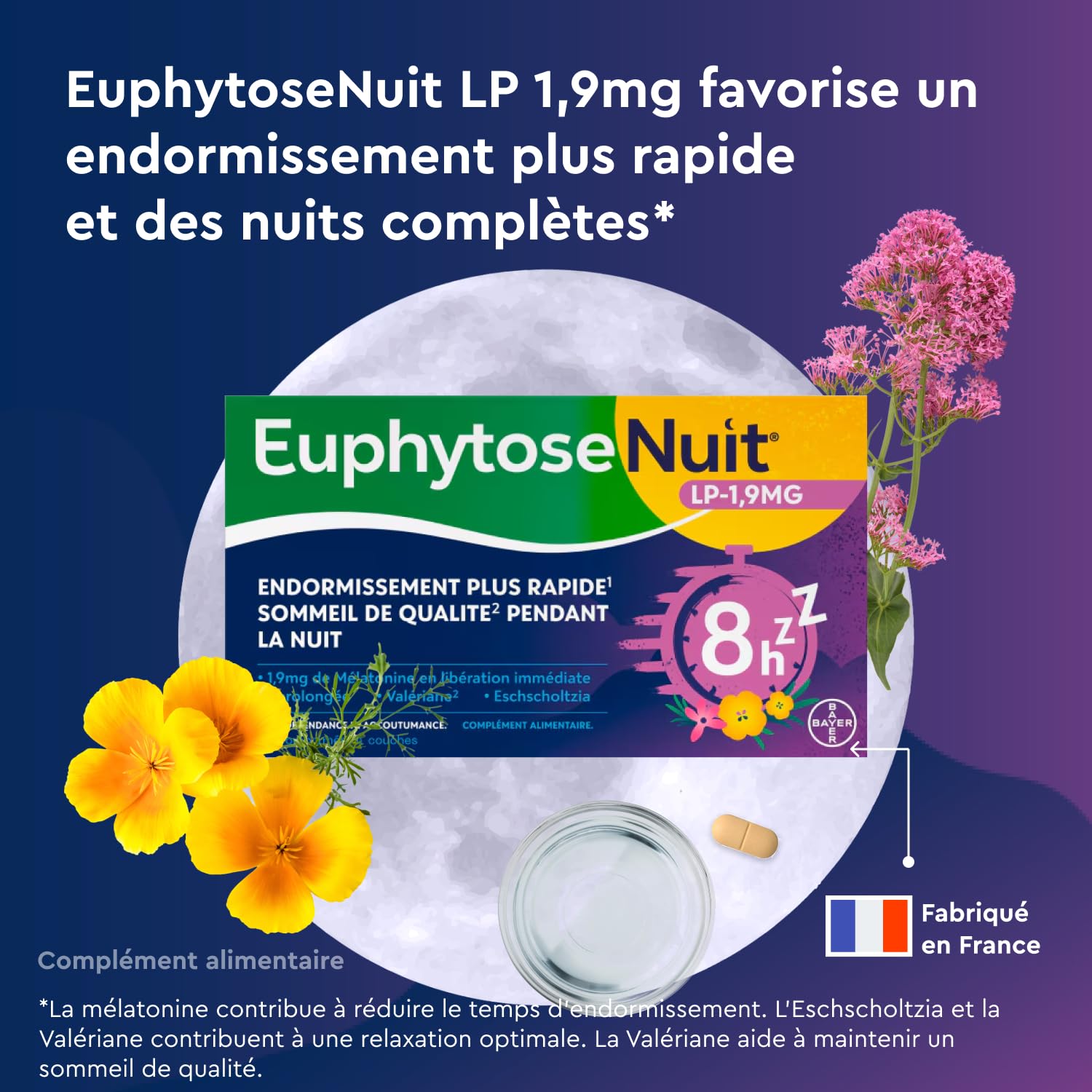 Euphytose Nuit LP Mélatonine 1,9 mg - Complément Alimentaire Sommeil Adulte - Favorise l'Endormissement et la Qualité du Sommeil - Libération Prolongée 8H - Valériane - 3x15 comprimés - 45 Nuits