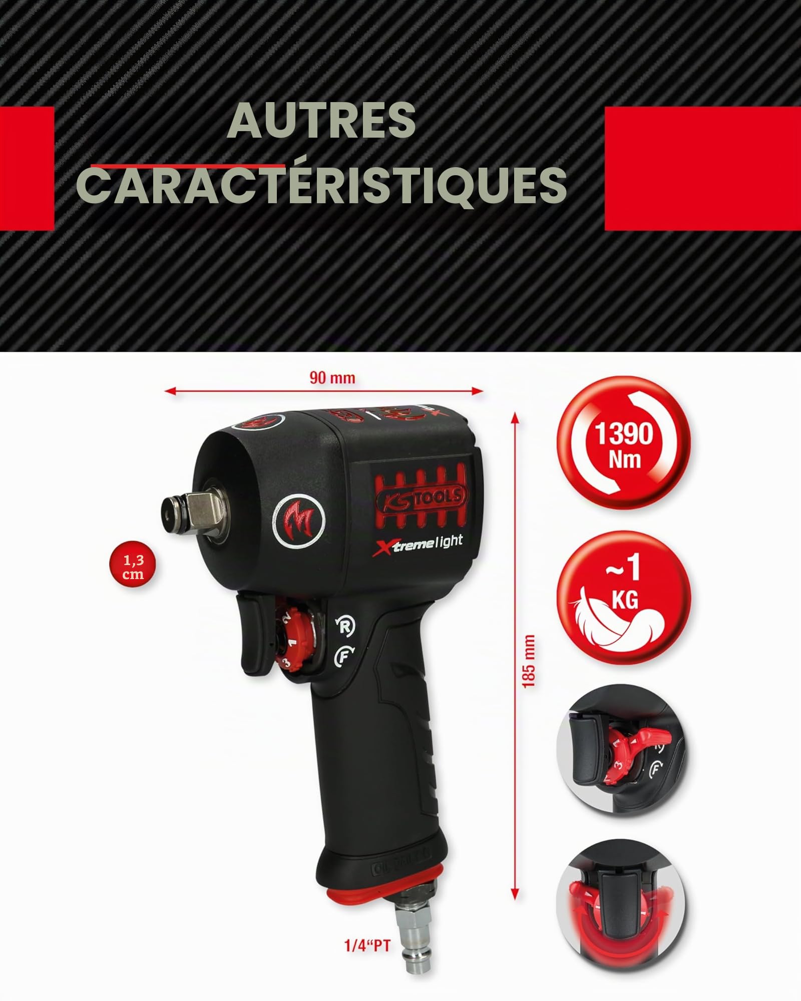 KS Tools 515.1150 1/2" miniMONSTER Xtremelight High Performance Pneumatic | Mini clé à chocs pneumatique MONSTER Xtremelight 1/2'', 1390Nm, haute performance