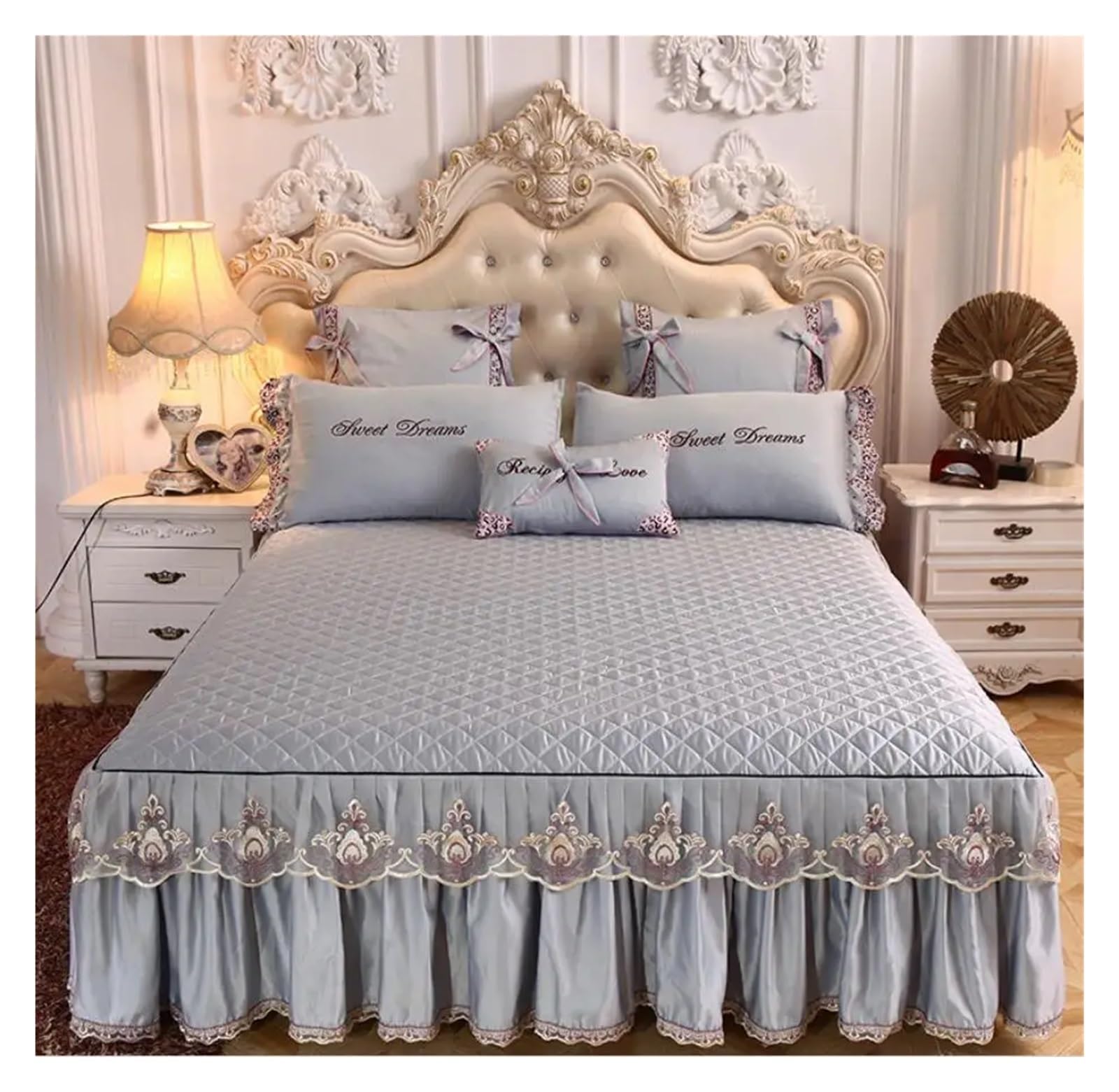 Lace Embroidered Bedding Bed Skirt With Cotton Quilted Bedspread On The Bed Solid Color Mattress Cover Sheet Pillowcase(Gray A,3pcs design 180x220)