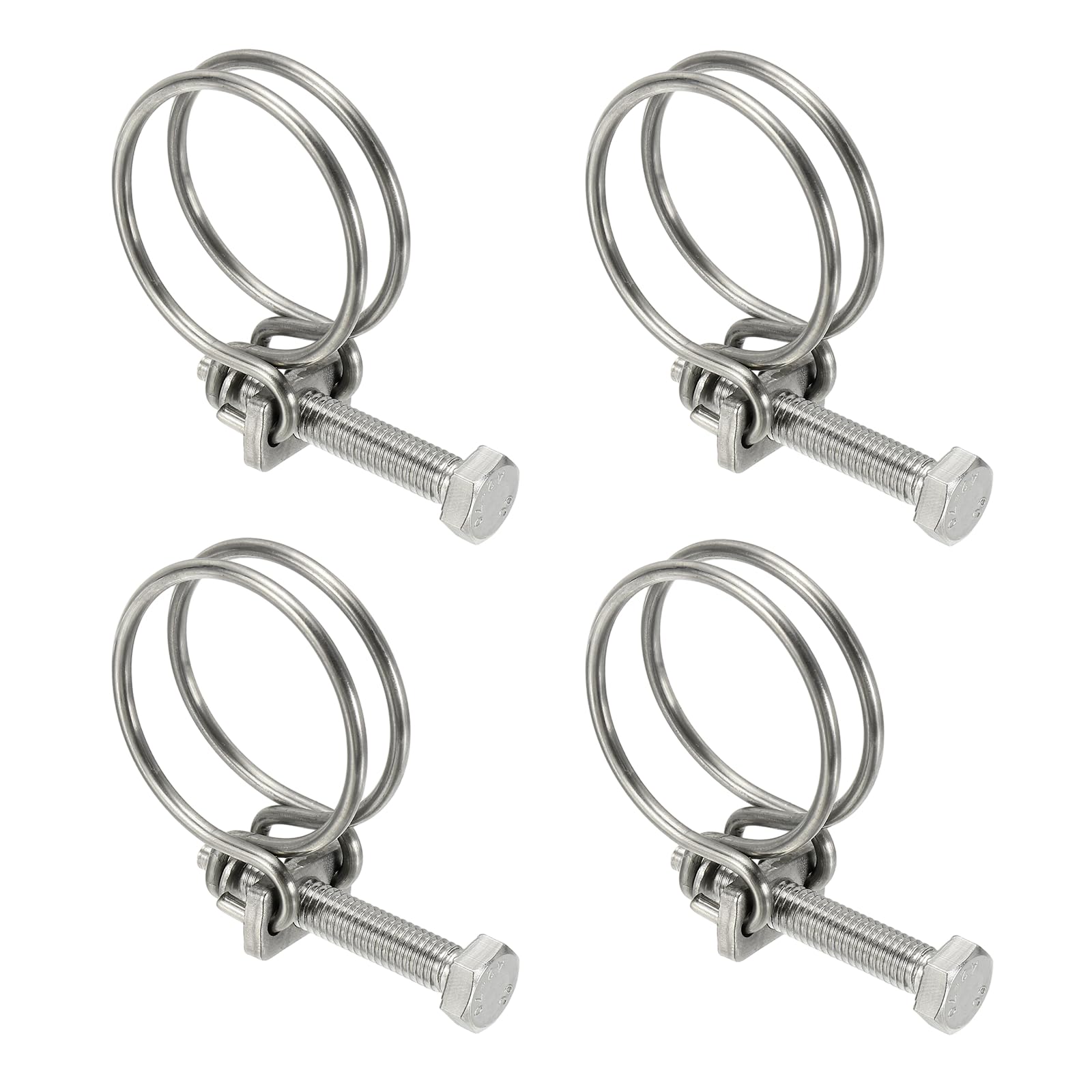 sourcing map 4 Pcs Double Wire Hose Clips 36-40 mm 304 Stainless Steel Adjustable Wire Pipe Tube Clamps with M8 Screw Plumbing Joint Fastener for Dust Collection Pool Pond, Silver