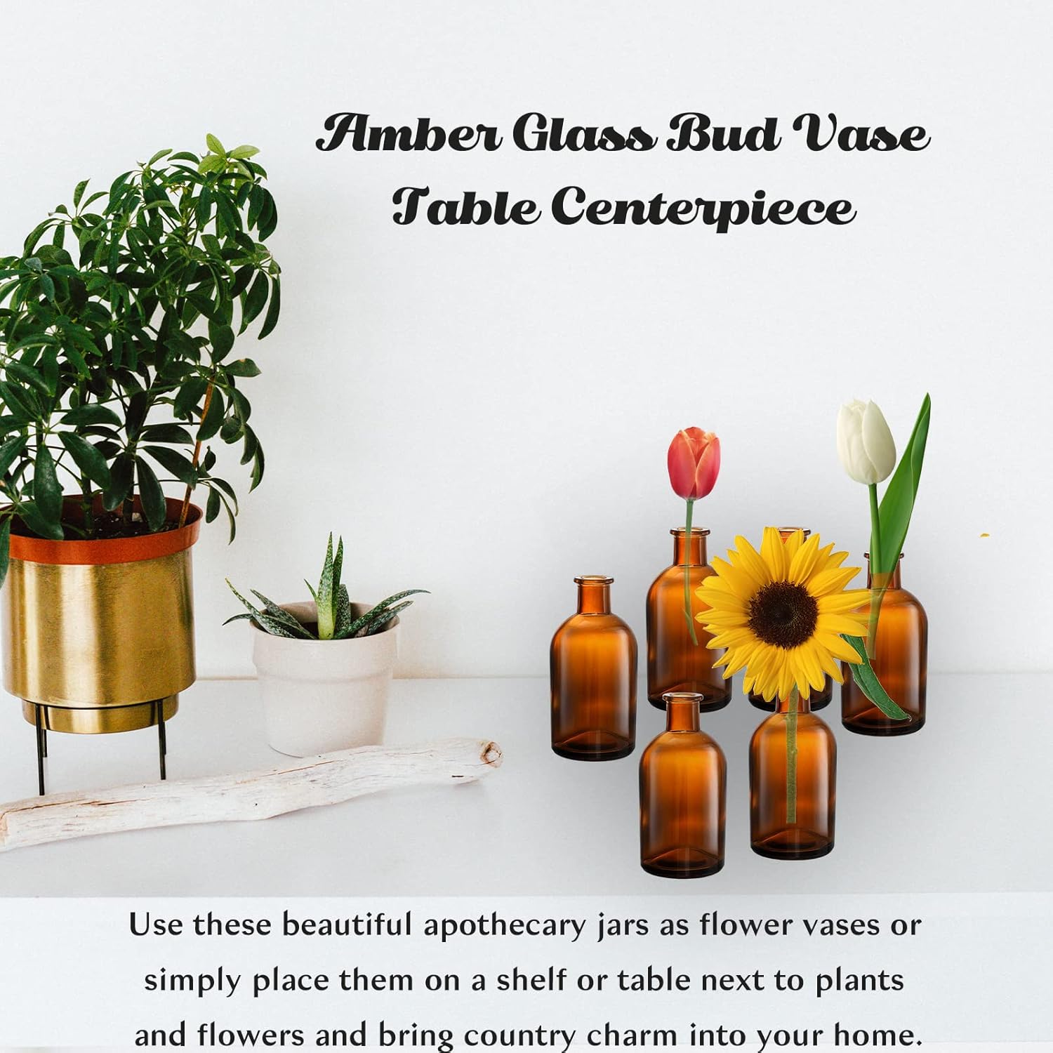 YOUEON 16 Pack Amber Glass Bud Vases, Small Bud Vases in Bulk, Glass Flower Vases for Centerpieces, Vintage Decorative Bottle Vases for Flowers, Home Decor, Wedding Reception, Office