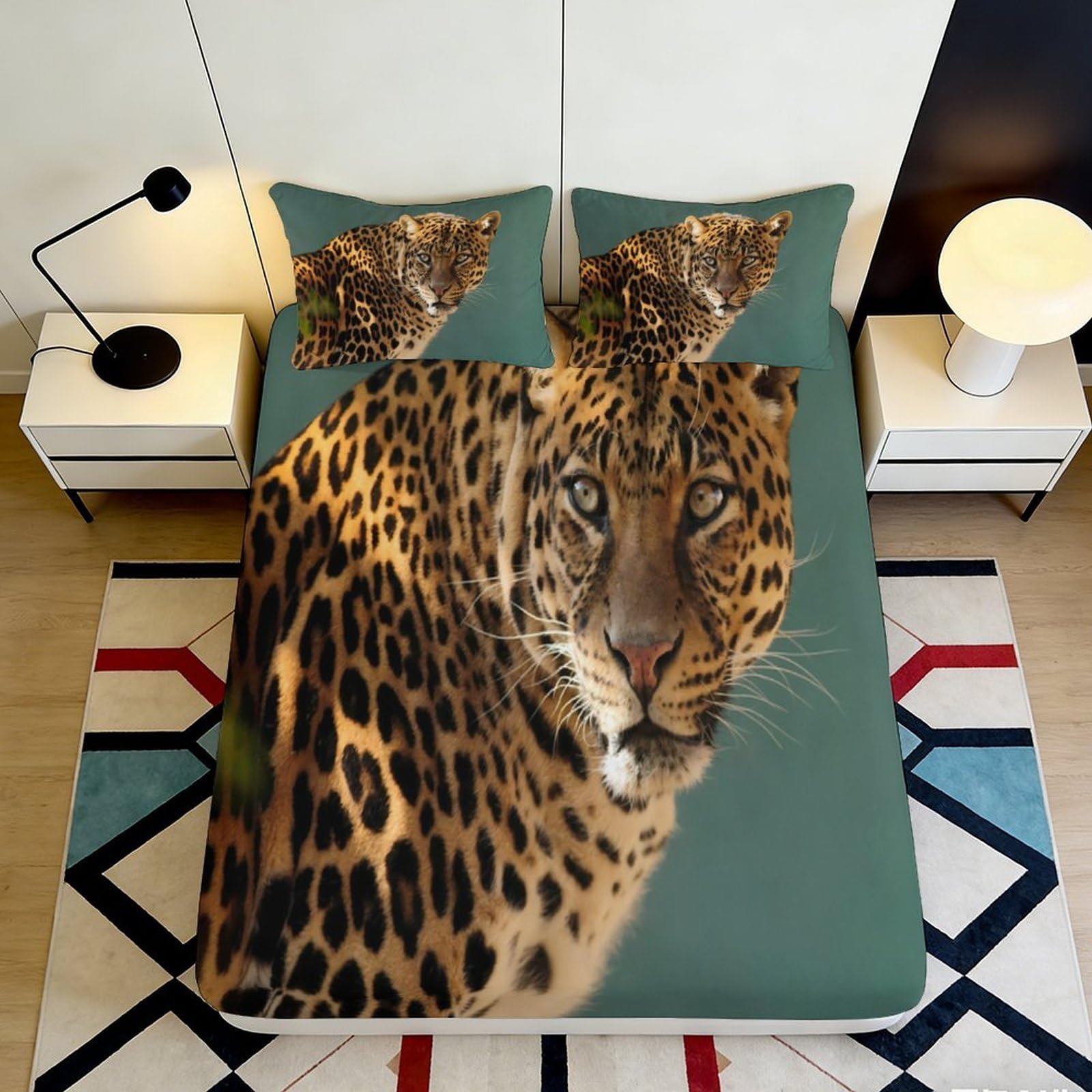 3D Printed Leopard Wild Animal Fitted Sheet Microfiber Deep Green Jungle Mattress Cover for Bedroom Dorm Decor 118 160x200x25cm