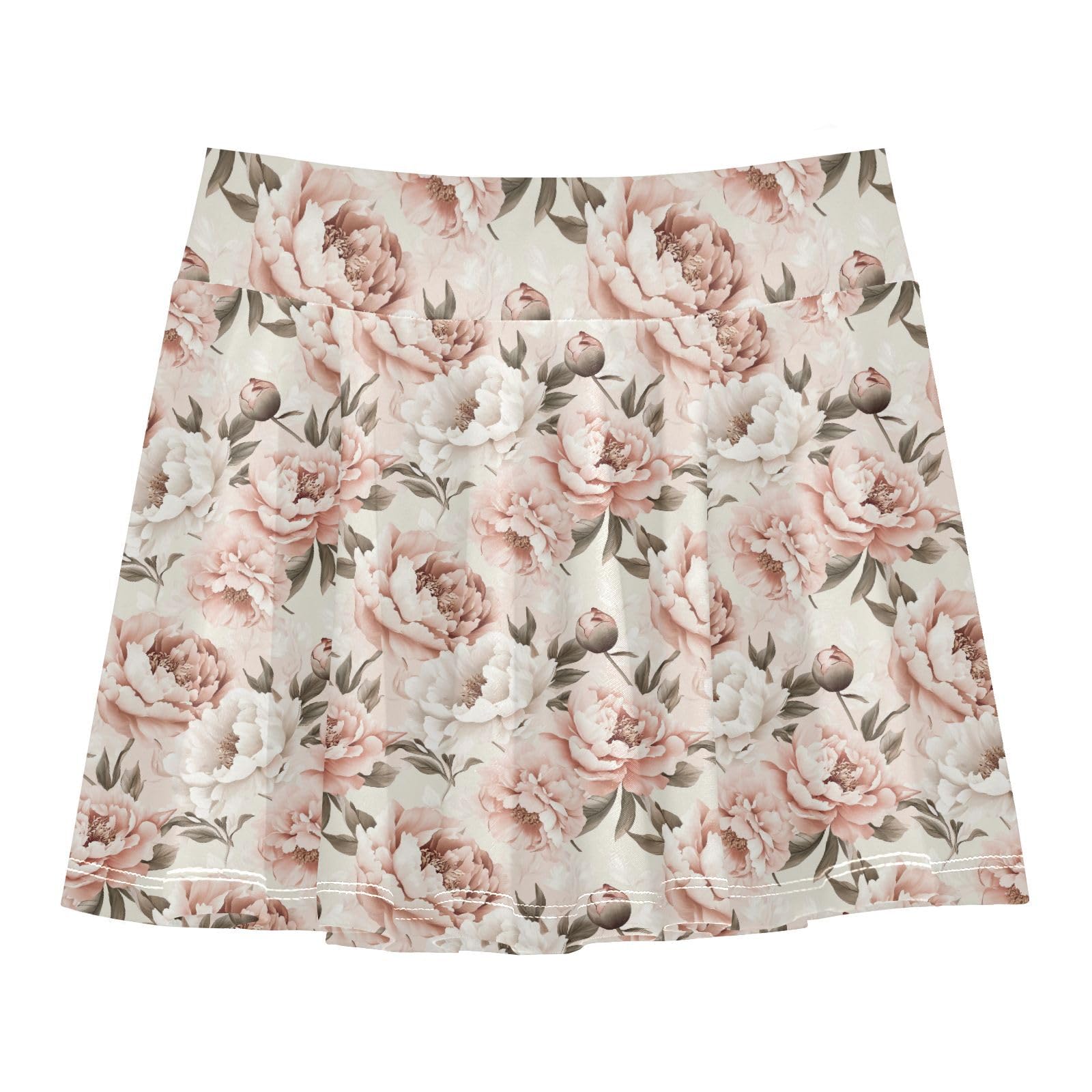 Vintage Peonies Girl Athletic Skort with Built in Shorts Flowy Cheerleading Skirts with Pockets Girl Skorts