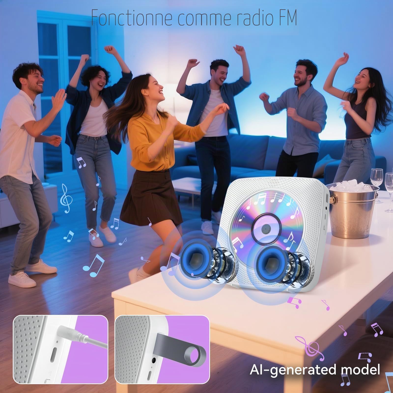 Gueray Lecteur CD Portable Bluetooth 1800mah Lecteur CD de Bureau pour la Maison Lecteurs CD avec Deux Haut - parleurs Télécommande Housse Anti-poussière Affichage Radio FM Minuterie USB Aux-Blanc