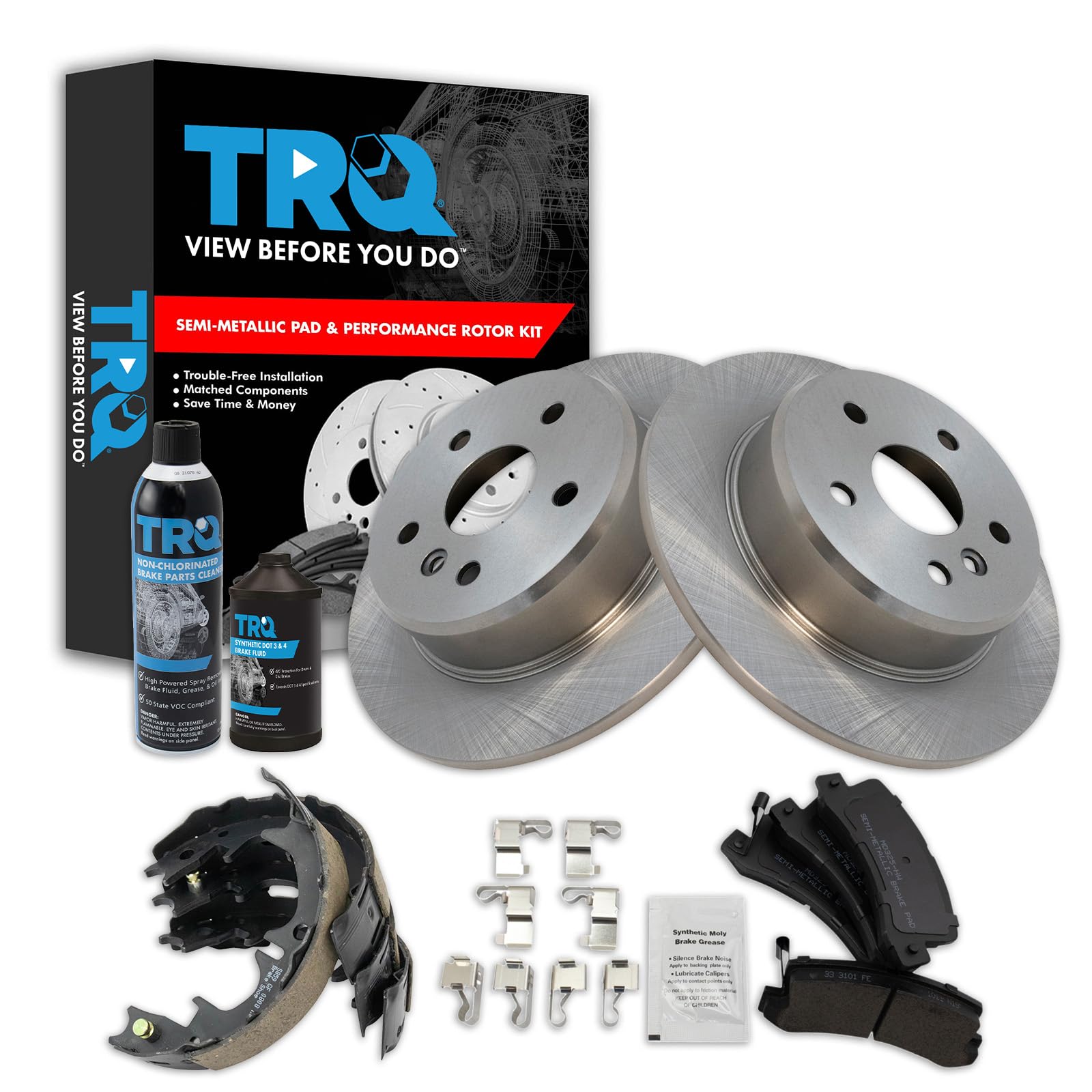 TRQ Rear Brake Pad &amp; Rotor Kit, with Chemical Kit Parking Brake Shoe Set Semi-Metallic Compatible with 1999-2003 Lexus RX300