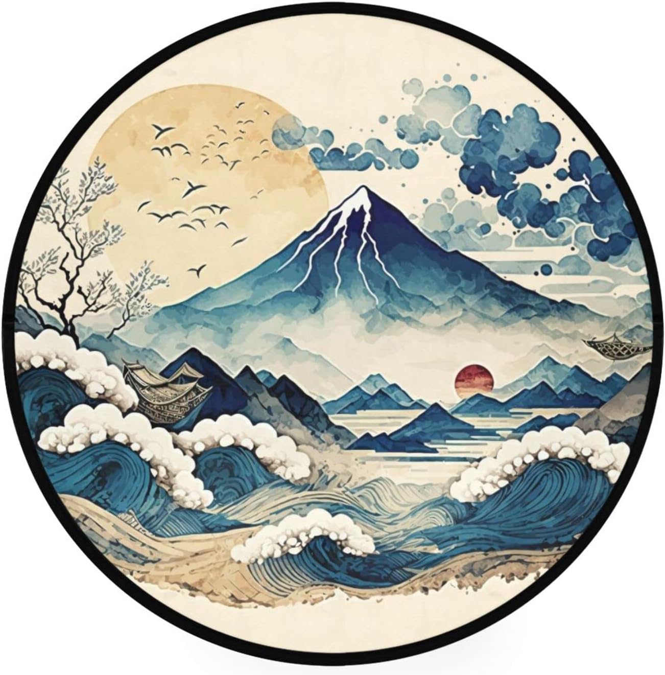 Vnurnrn Vintage Japanese Landscape Round Area Rug, Non Slip Indoor Throw Area Rug, Washable Circle Carpet Floor Mat for Living Room, Door Mat Entryway, Bedroom, Sofa, 3 Ft