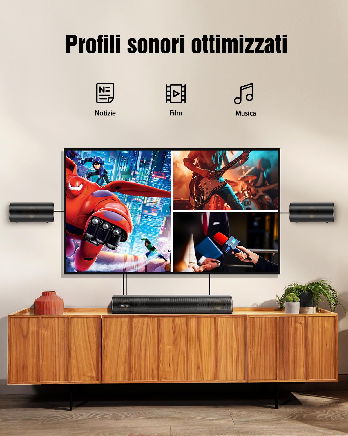 Hiwill 4.1 Canali Soundbar TV con Dolby Atmos, Subwoofer, Potenza di picco 300W, 2 Altoparlanti Surround Anteriori, Soundbar per Altoparlante TV, Alti e Bassi Regolabili, Home Theater, HiElite A41