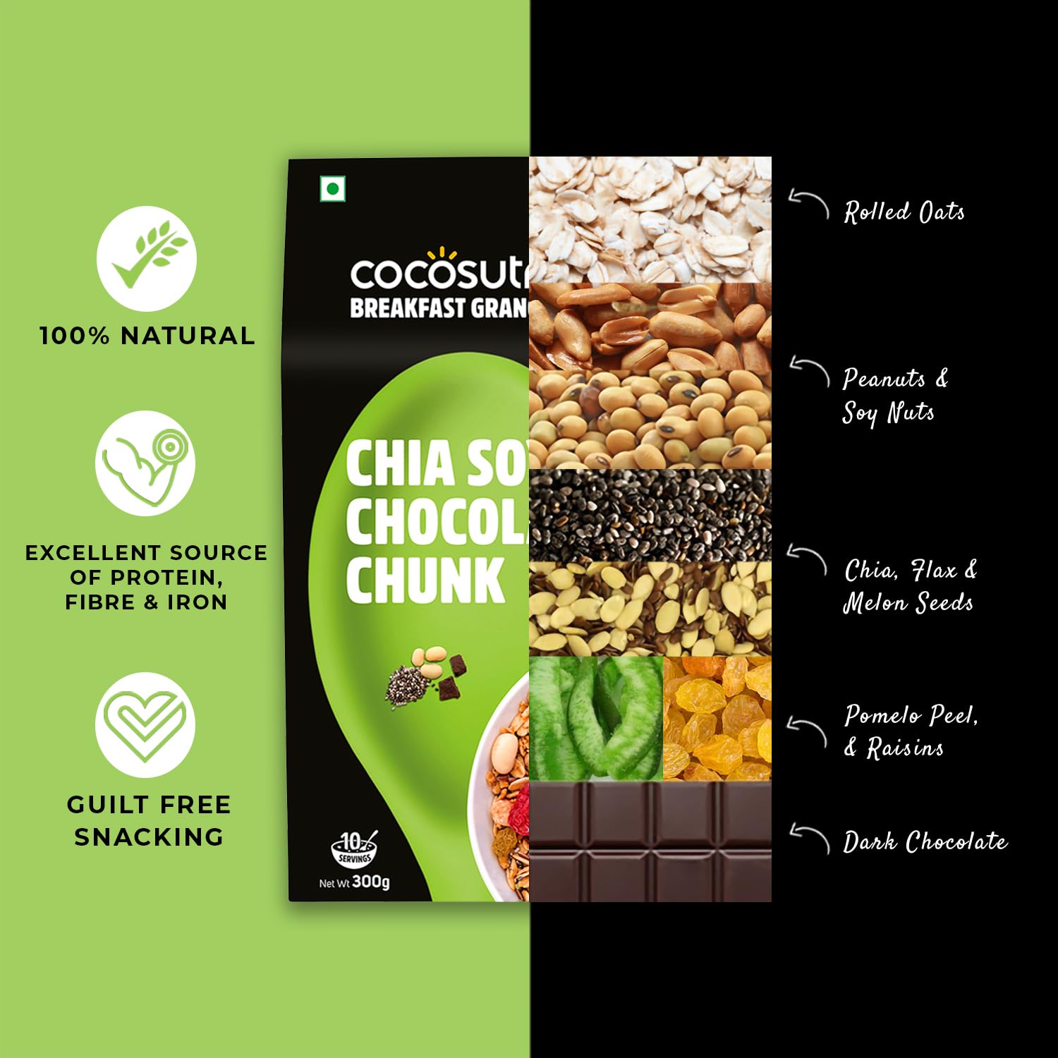 Cocosutra Chia Soya Chocolate Chunk Breakfast Granola - 300 g | 100% Natural, Vegan & Gluten Free | High Protein Cereal with Oats, Nuts, Seeds and Dry Fruits | Lightly sweetened with Jaggery 3