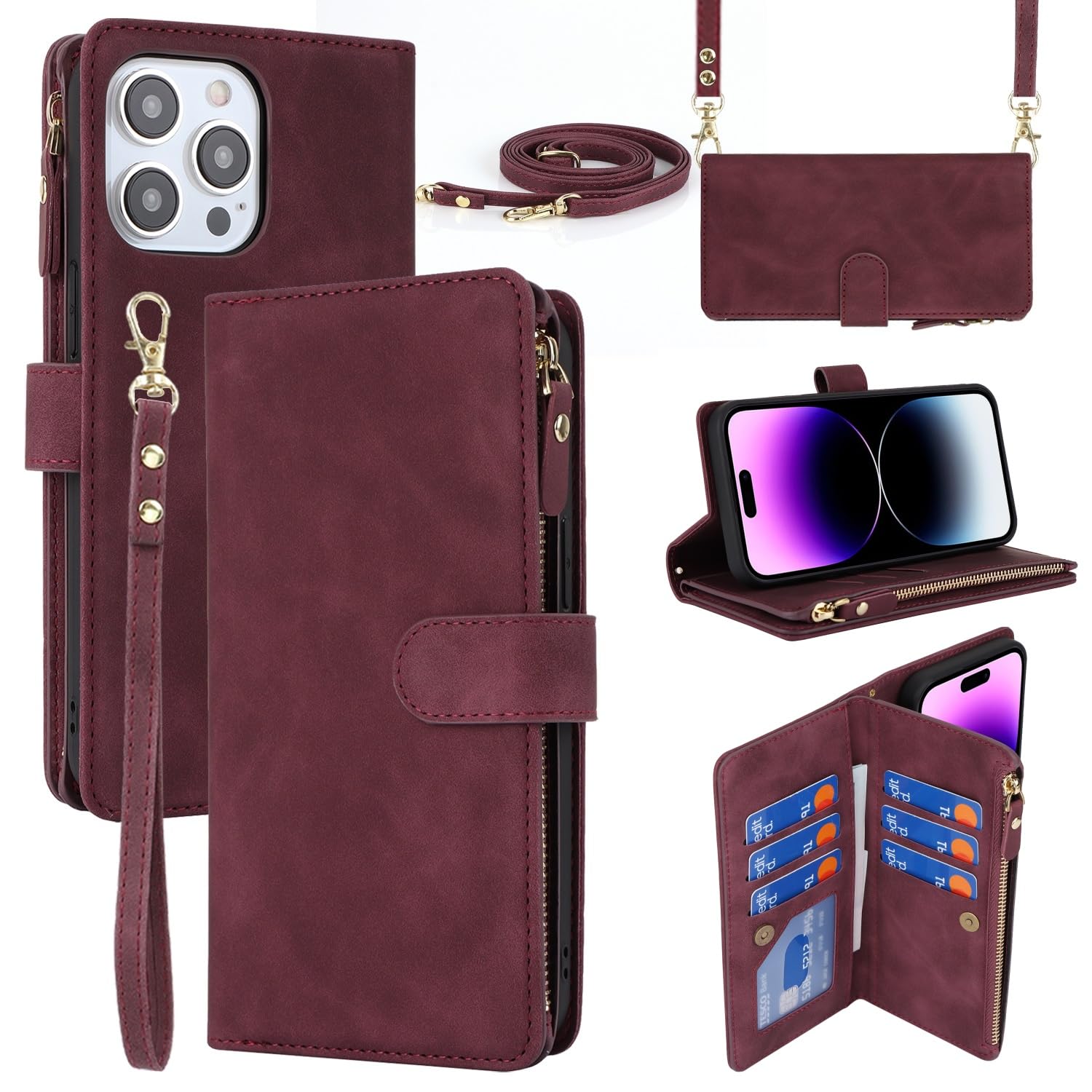 iCoverCase Compatible with iPhone 15 Pro Max Crossbody Case with Strap, Wallet Phone Case Card Holder [Not Detachable] PU Leather Kickstand Zipper