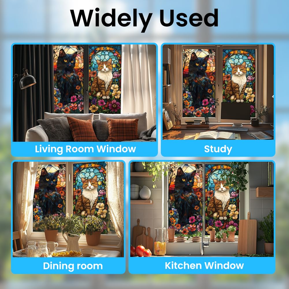 ANATTASOUL Adesivi Statici per Finestre Grandi Gatto Nero e Gatto Arancione Adesivi Riutilizzabili per Finestre in Vetro, 120 cm x 30 cm Adesivi per Finestre Rimovibili Bifacciali per Decorazione di