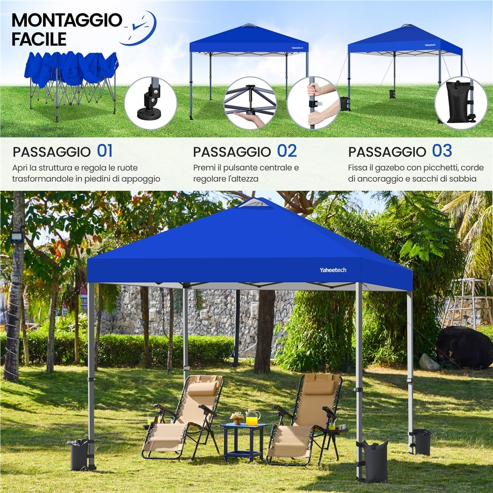Yaheetech Gazebo Pieghevole 3x3 M da Giardino con Ruote per la Mobilità Tenda Esterno con Sistema di Clic Pop-up Regolabile in Altezza per Festa Spiaggia Blu
