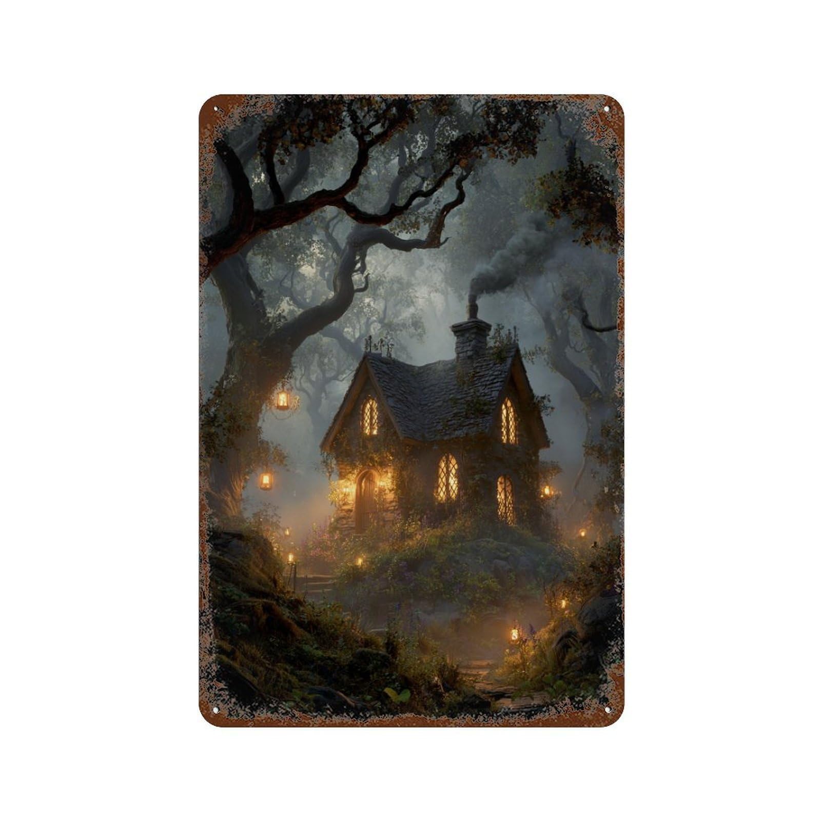 Enchanted Forest Cottage Weathered Tin Sign 11.8"x7.9", for Shed, Workshop And Garage Wall Decor, Decorative Metal Wall Art