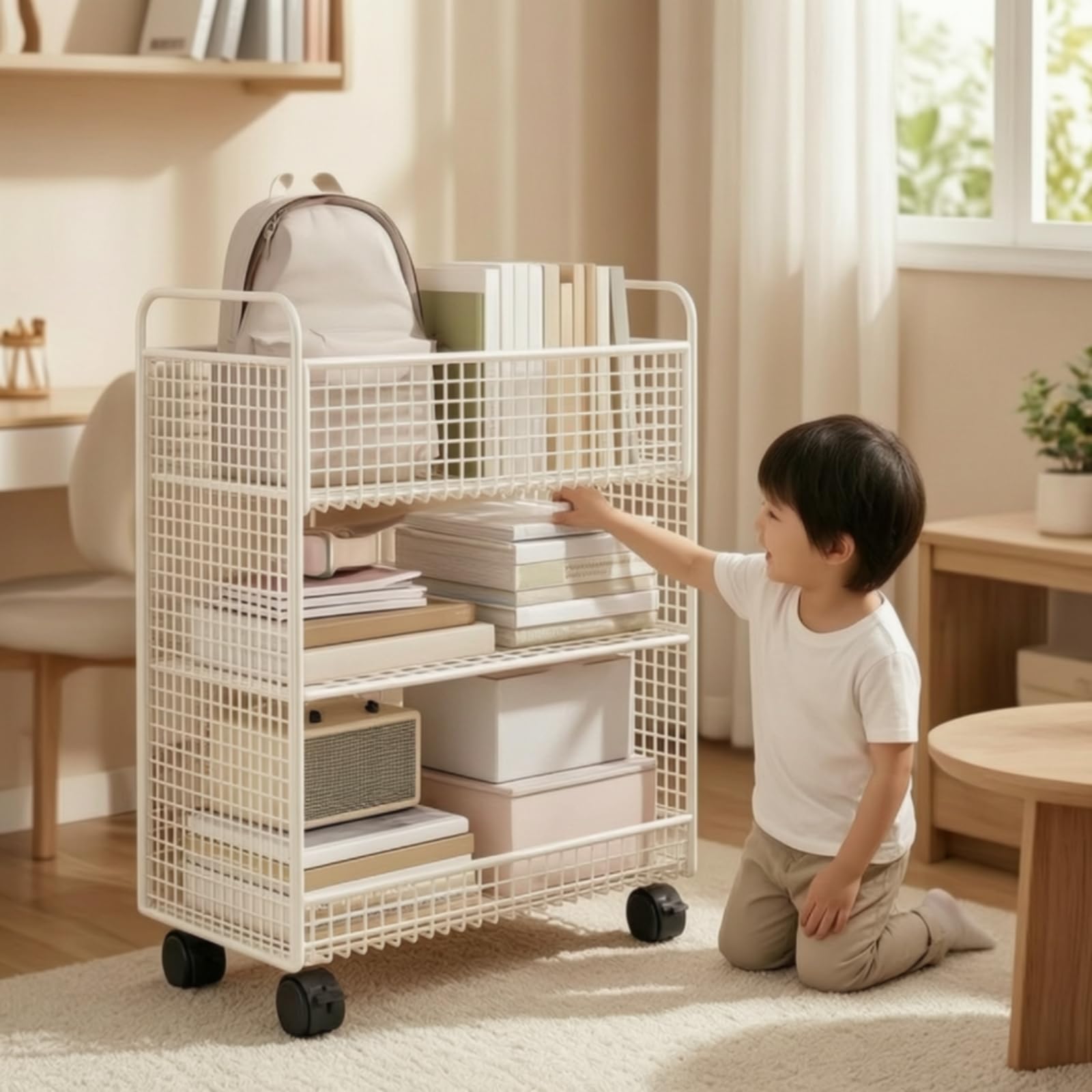 Colcolo Libreria Mobile Carrello Libreria con Ruote Scaffale a Rete per Accessori Struttura Stabile in Ferro E Design Aperto Adatta per Camera Salotto Studio, Nero, Tre Ripiani Con Ruote