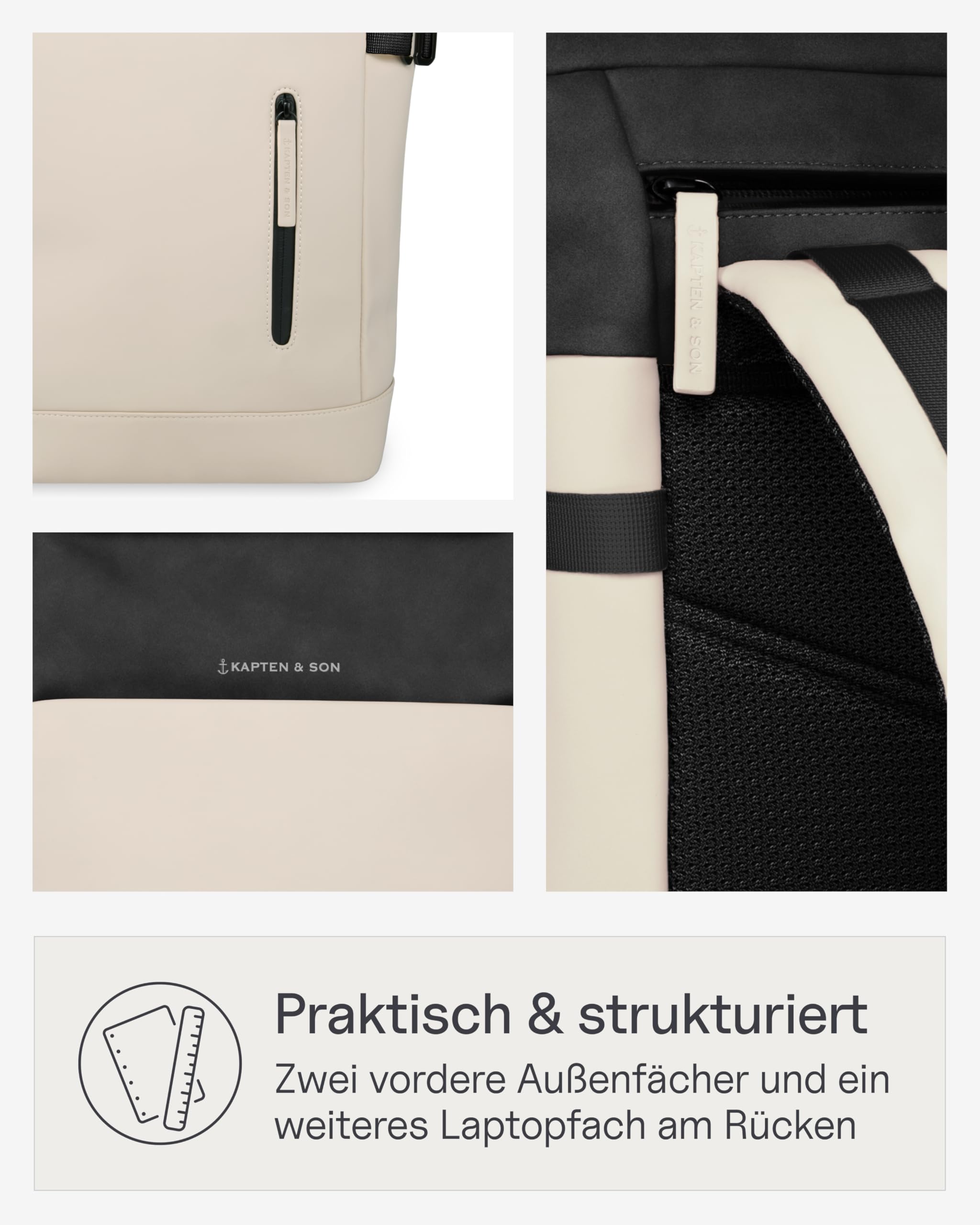 Kapten & Son Rucksack Aarhus Cream Black 14 L | Rucksack Damen & Herren Schwarz-Beige | Rolltop mit 14" Laptopfach | Backpack ideal für Reisen, City, Uni, Arbeit | wasserabweisend