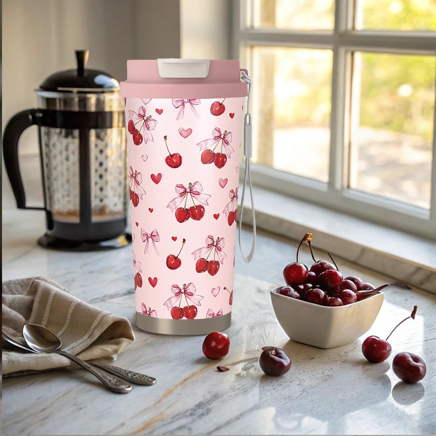 18 oz(530ml) Cherry Stainless Vacuum Steel Insulated Coffee Travel Mug Cup Water Bottle Tumbler with Straw,Cherry Decor - Image 3