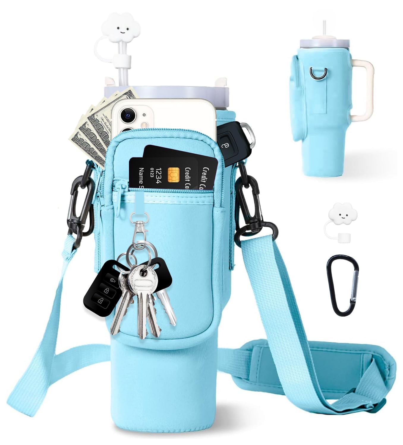 dabria Water Bottle Carrier Bag with Phone Pocket for Stanley 40/30 oz Tumbler Neoprene Water Bottle Holder Pouch with Adjustable Strap Bollus with Straw Cover & Carabiner for Stanley Cup Accessories — image 1