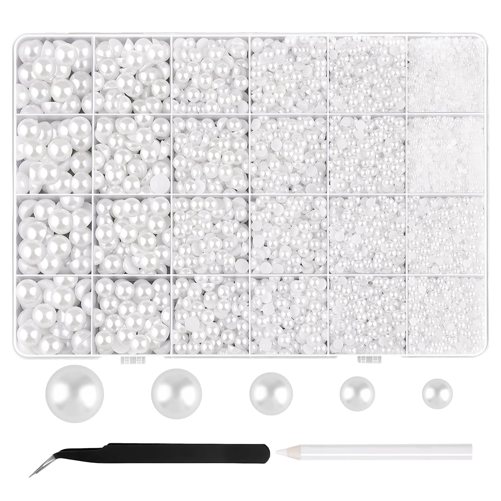 11120 PCS White Flatback Pearls, 2/3/4/5/6mm Flat Back Pearls for Crafting for Clothes DIY Crafts Nail Art Shoes Mobile Phone Cases with Tweezer and Picker Pencil