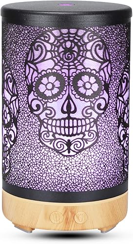 Miniatura 8 de Difusores para aceites esenciales, diseño artístico de calavera de azúcar del día de los muertos, 3.4 fl oz, humidificador ultrasónico silencioso de