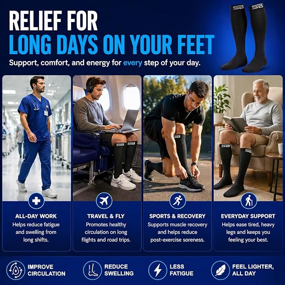 SB SOX Compression Socks for Men & Women (20-30mmHg) Best Compression Socks for Flying, Medical, Sports, Wide Calf Fit, and Daily Wear