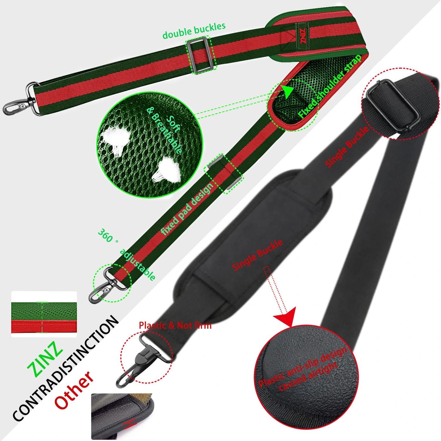 ZINZ 78" Tracolla Universale con Cuscino Ultra-Spesso, Fibie a Doppio Bilanciamento per Borsa da Viaggio/Laptop/Sportiva,Strisce-GrRdGr
