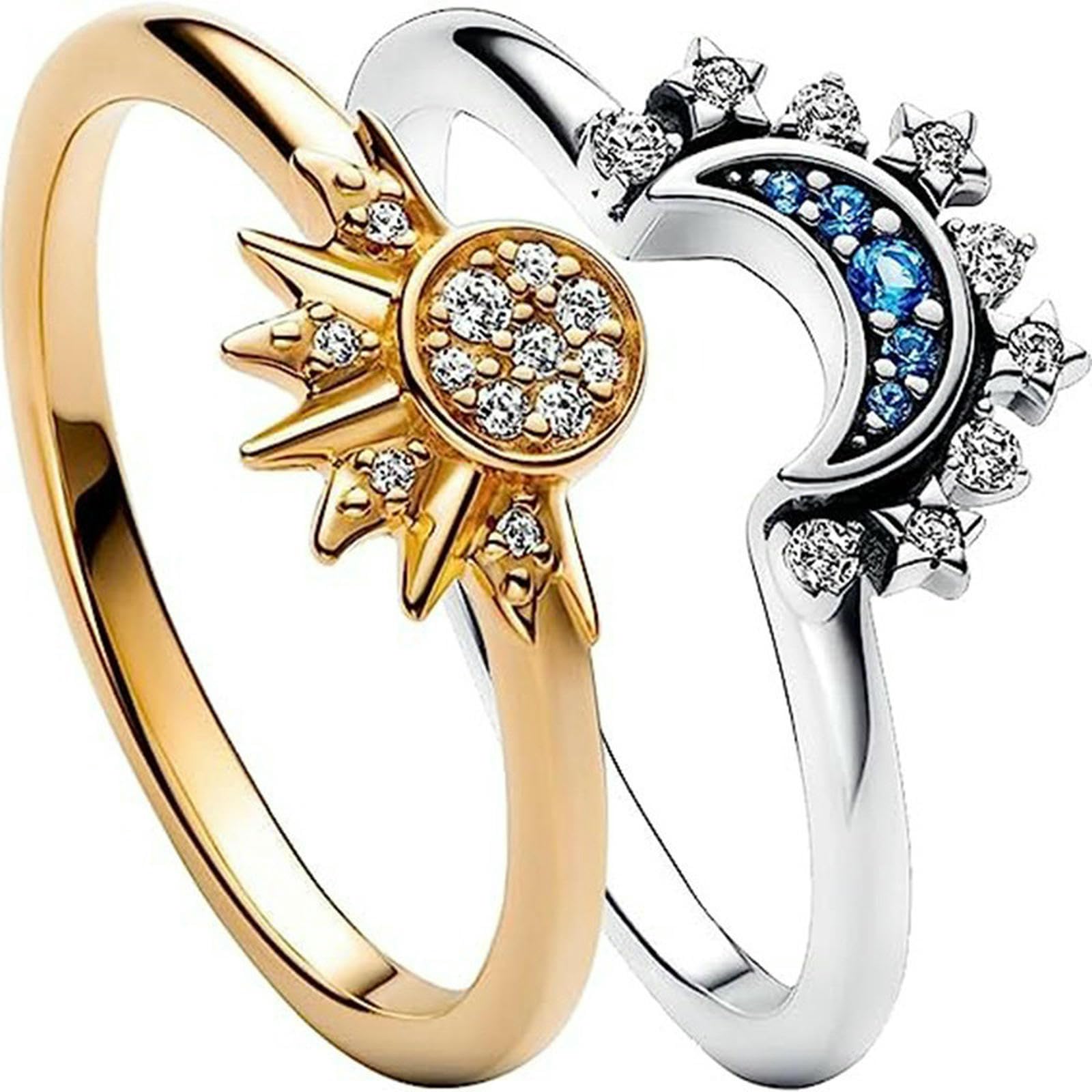 MYLLJBD Ring Simple, Sparkling Sun And Moon Blue -encrusted Stackable Celestial Couple Set-a-no 5