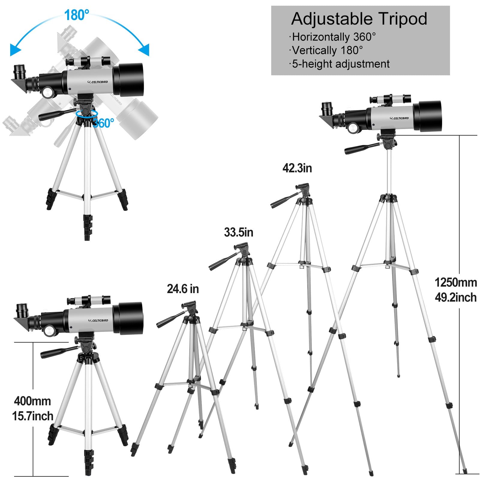 CelticBird Telescopio de 70 mm de Apertura de 400 mm – Telescopio de refracción astronómica para Adultos y Principiantes (70400 Gris)