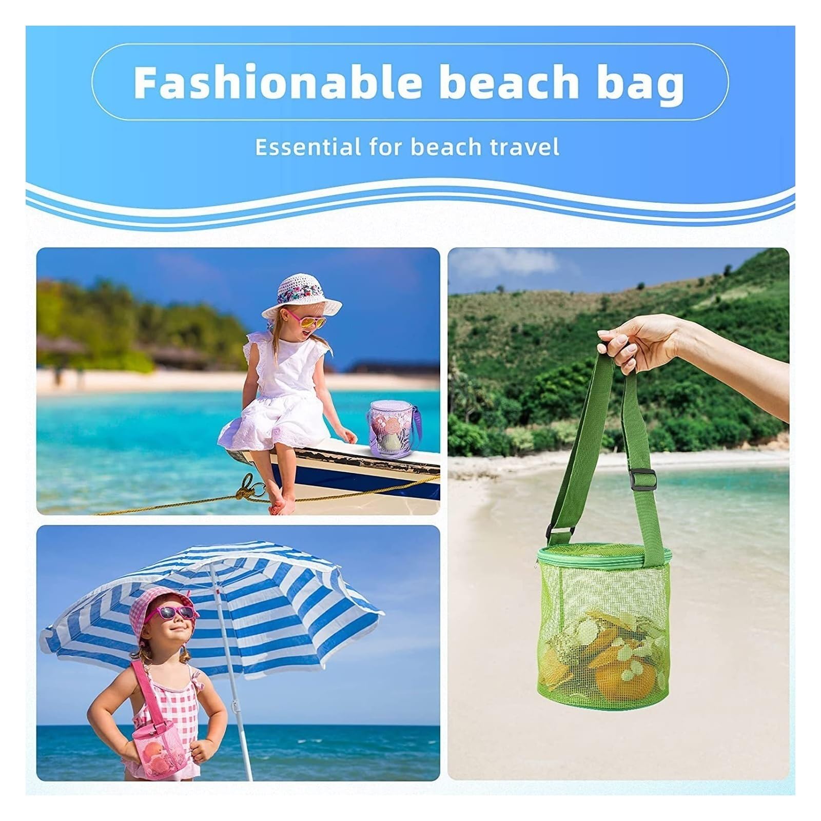 Große Mesh Strandtasche (4er-Set) – Kinderspielzeug & Muschel-Sammeltasche, Faltbar & Mit Verstellbarem Gurt