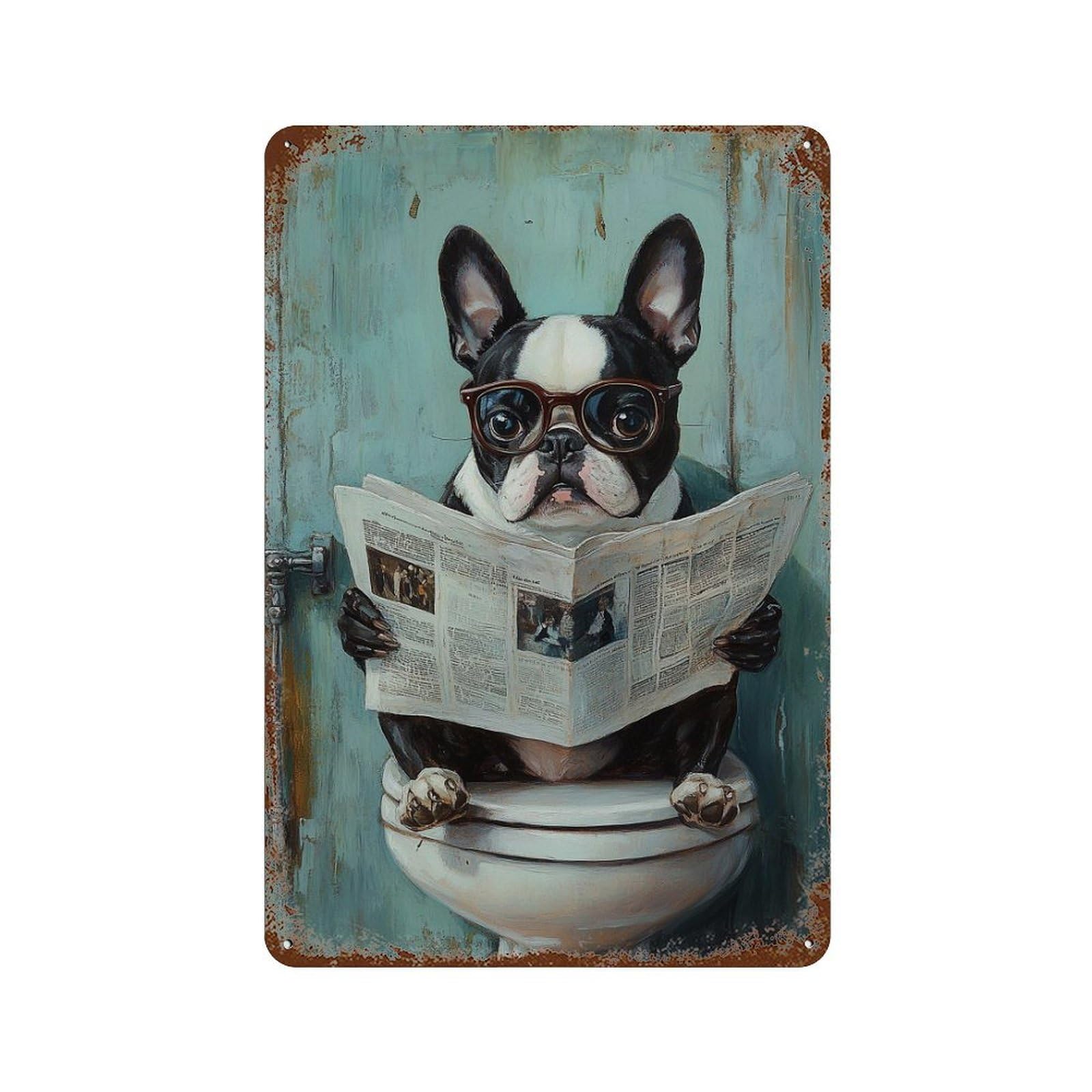 Dog Reading Newspaper on Toilet-21 11.8"x7.9" Rustic Tin Plaque, Industrial Home Decor for Farmhouse, Kitchen And Entryway Decor