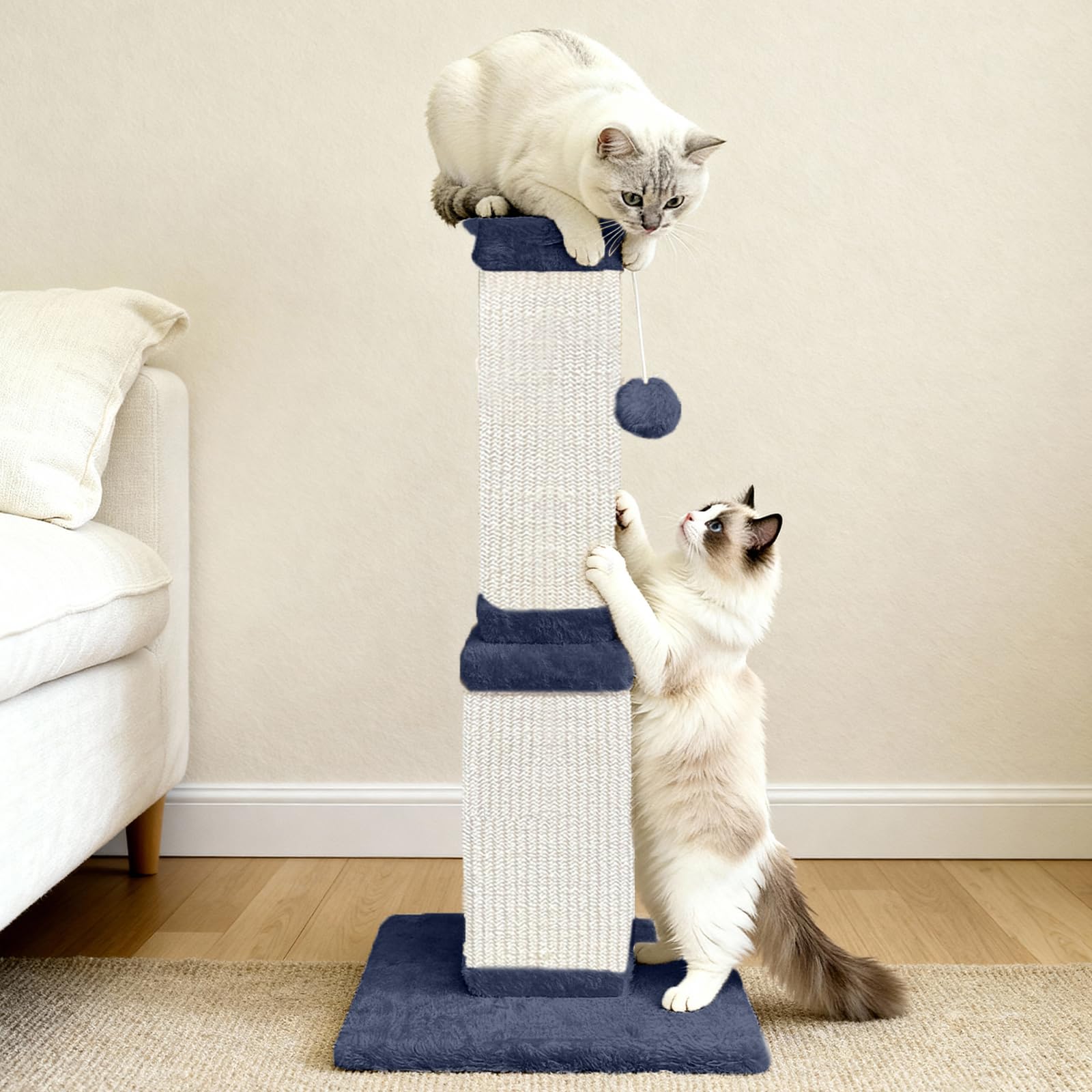 Columna rascador para gatos, 81 cm, tronco rascador de sisal y madera, poste rascador para gatos grandes y gatos de casa, base ancha estable, color azul