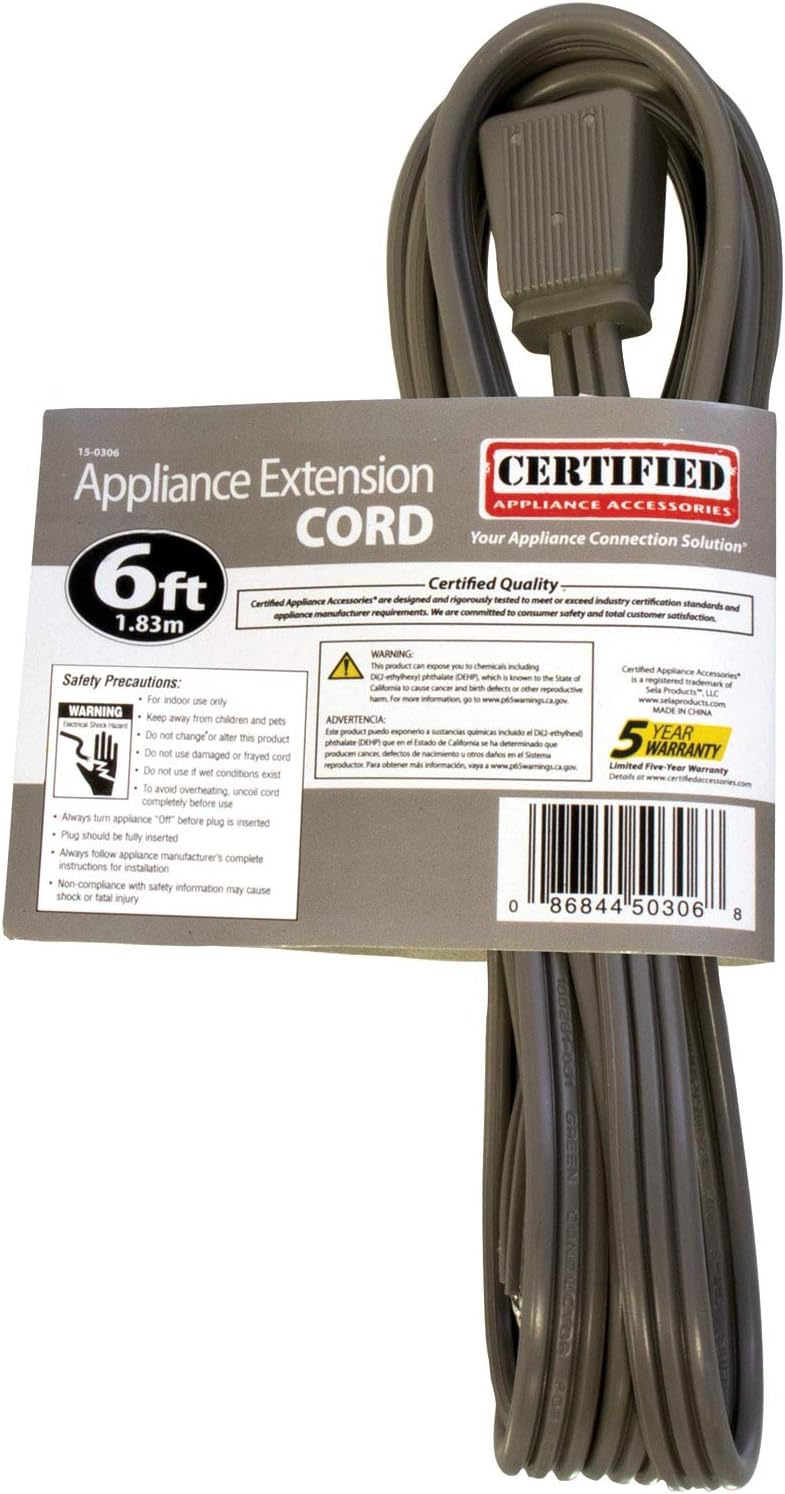 Certified Appliance Accessories 15-0306 15-Amp Appliance Extension Cord, 6 Feet, Grounded, Right Angle Plug Head, gray