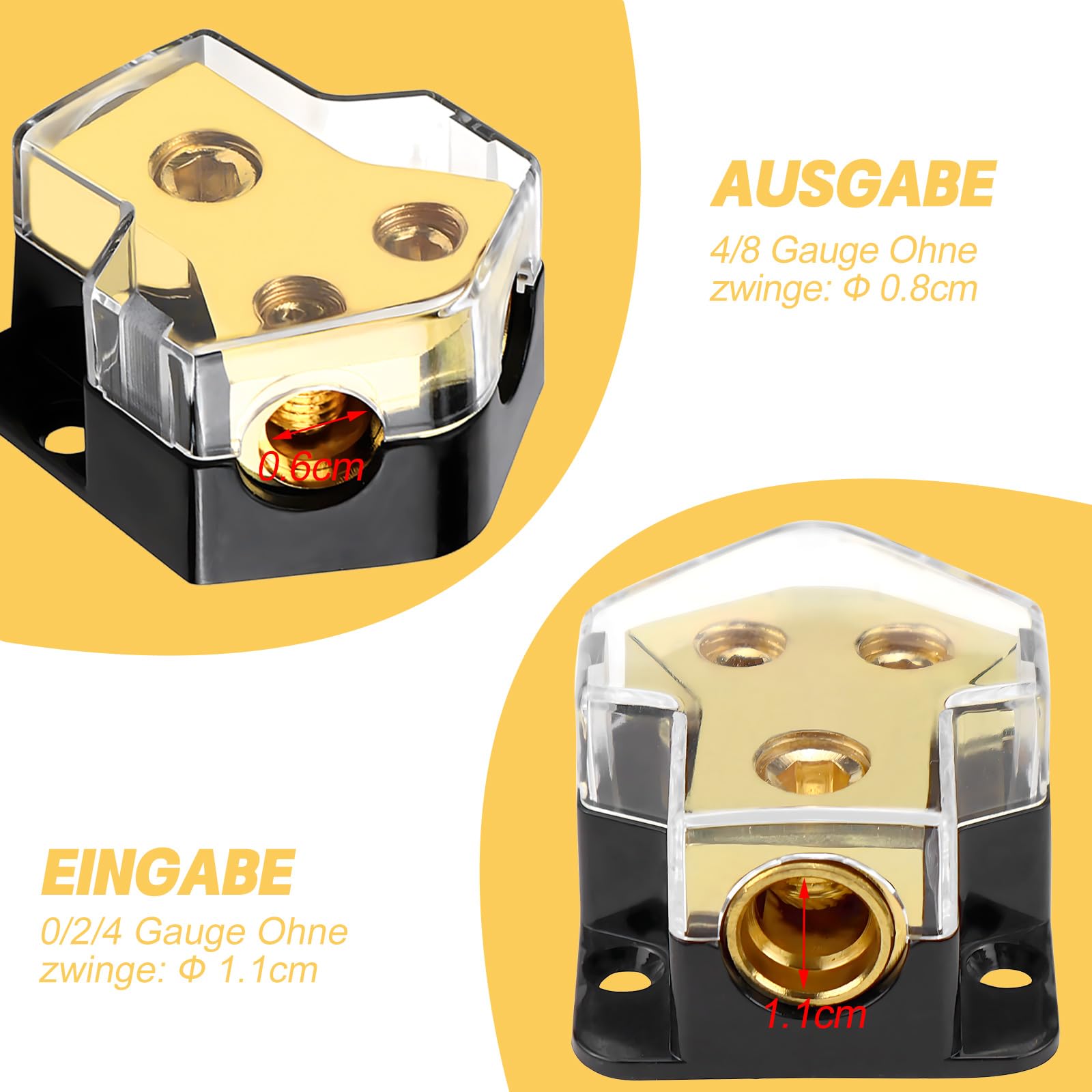LPZMPZ 2-Wege Car HiFi Verteilerblock Power Reinkupfer Distribution Block 12v-Stromverteilerblock 1 In 2 Out Splitter für Car-Audio-Verkabelung KFZ Boot